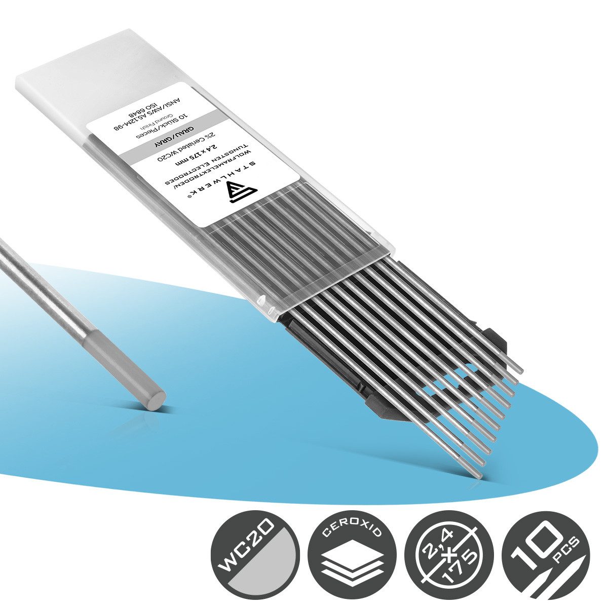 STAHLWERK Stabelektroden 10 x WIG Wolfram Schweißelektroden Grau 2,4 mm, (Packung), Universalelektrode für nahezu alle Anwendungen bis 220 A