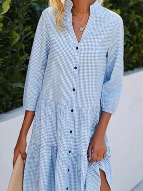 BlauWave Blusenkleid Hemdblusenkleid Kariertes (1-tlg., Hemdkleid für Damen mit Viertelärmeln und Stehkragen) Geeignet für tägliche Reisen