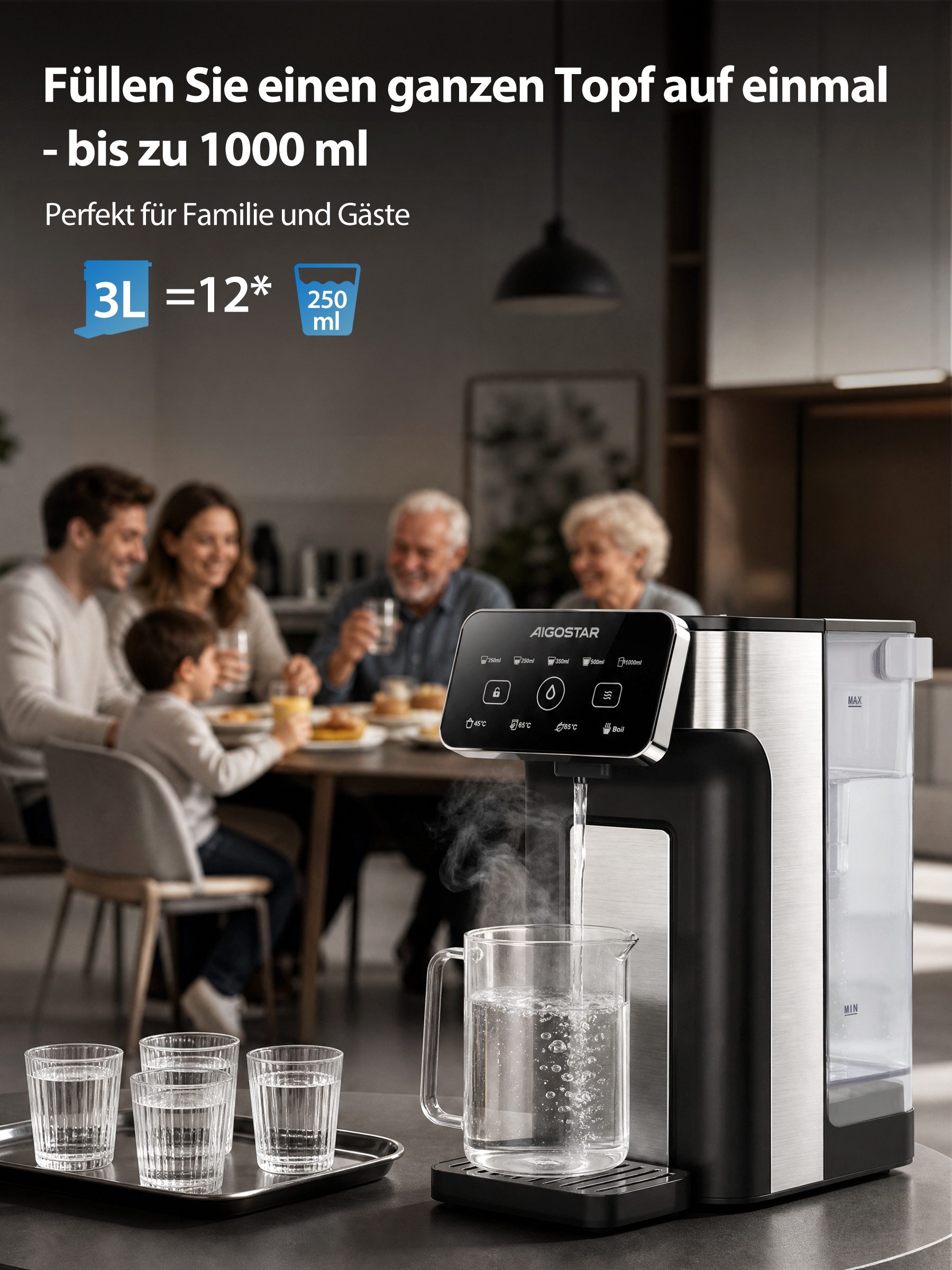 Aigostar Heißwasserspender Edelstahl 3L mit Filter-Slot, 3s Turbo Aufheizung Instant-Wasserkocher, 2600 W, 4 Temperaturstufen, Abtropfschale, kompatibel mit Brita-Filtern