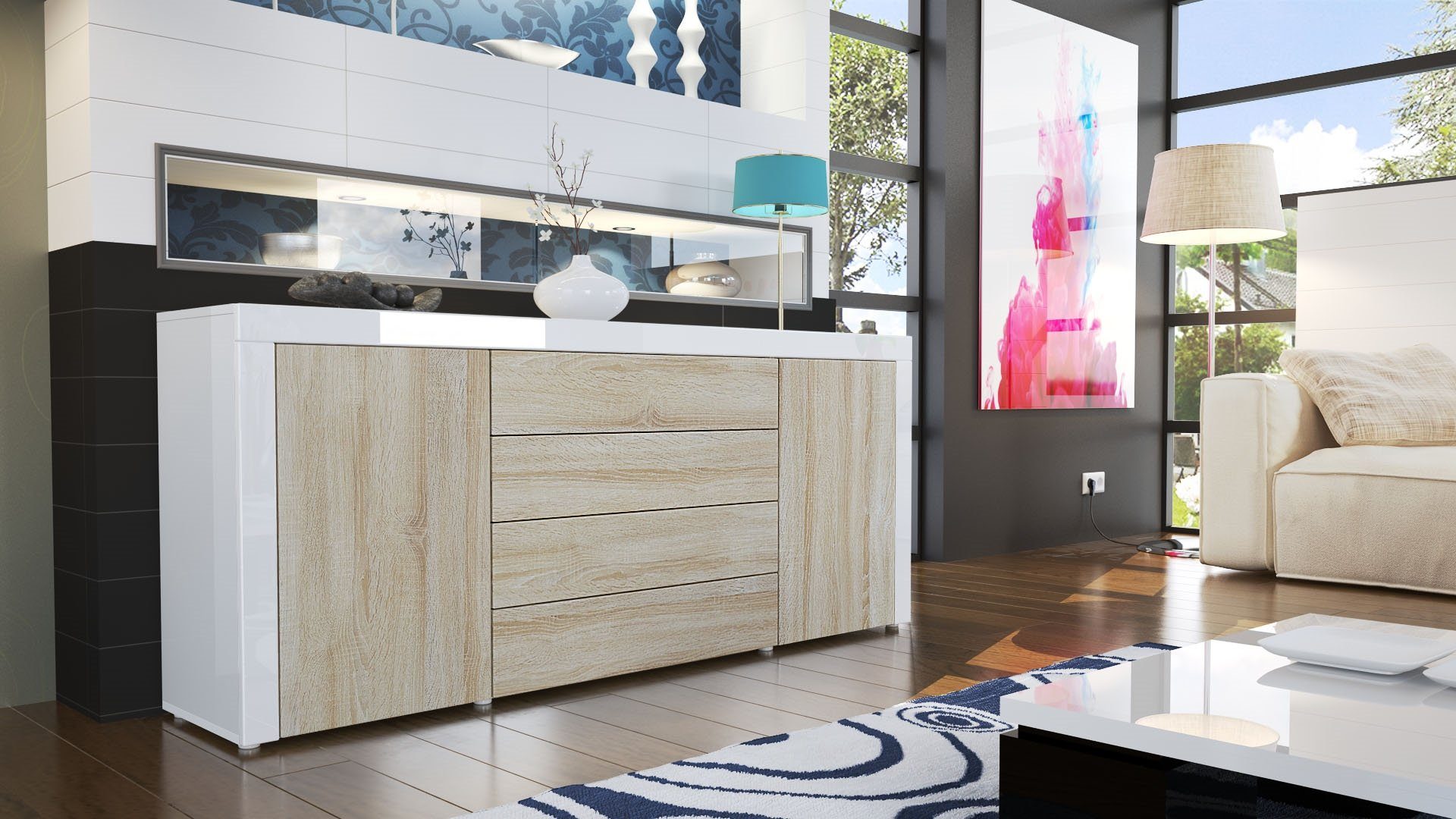 Vladon Sideboard La Paz V1 (Kommode, mit 2 Türen und 4 Schubladen), Eiche sägerau / Weiß Hochglanz (167 x 72 x 35)