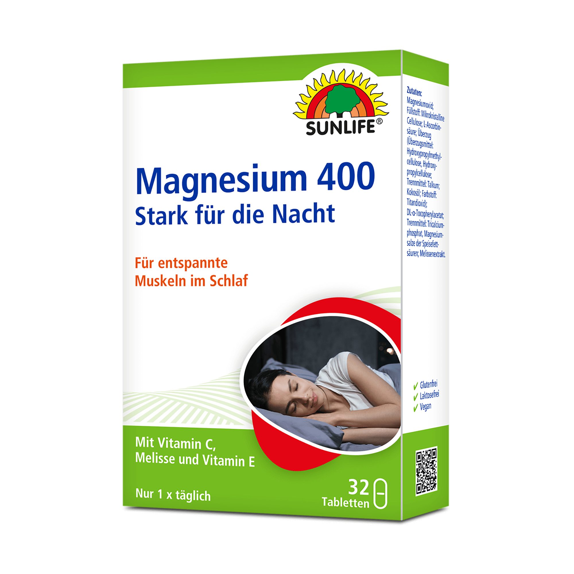 SUNLIFE® Magnesium 400 Nacht Tabletten 32Stk Muskelkrampf Nervensystem 1 x täglich abends eine Tablette mit ausreichend Flüssigkeit schlucken