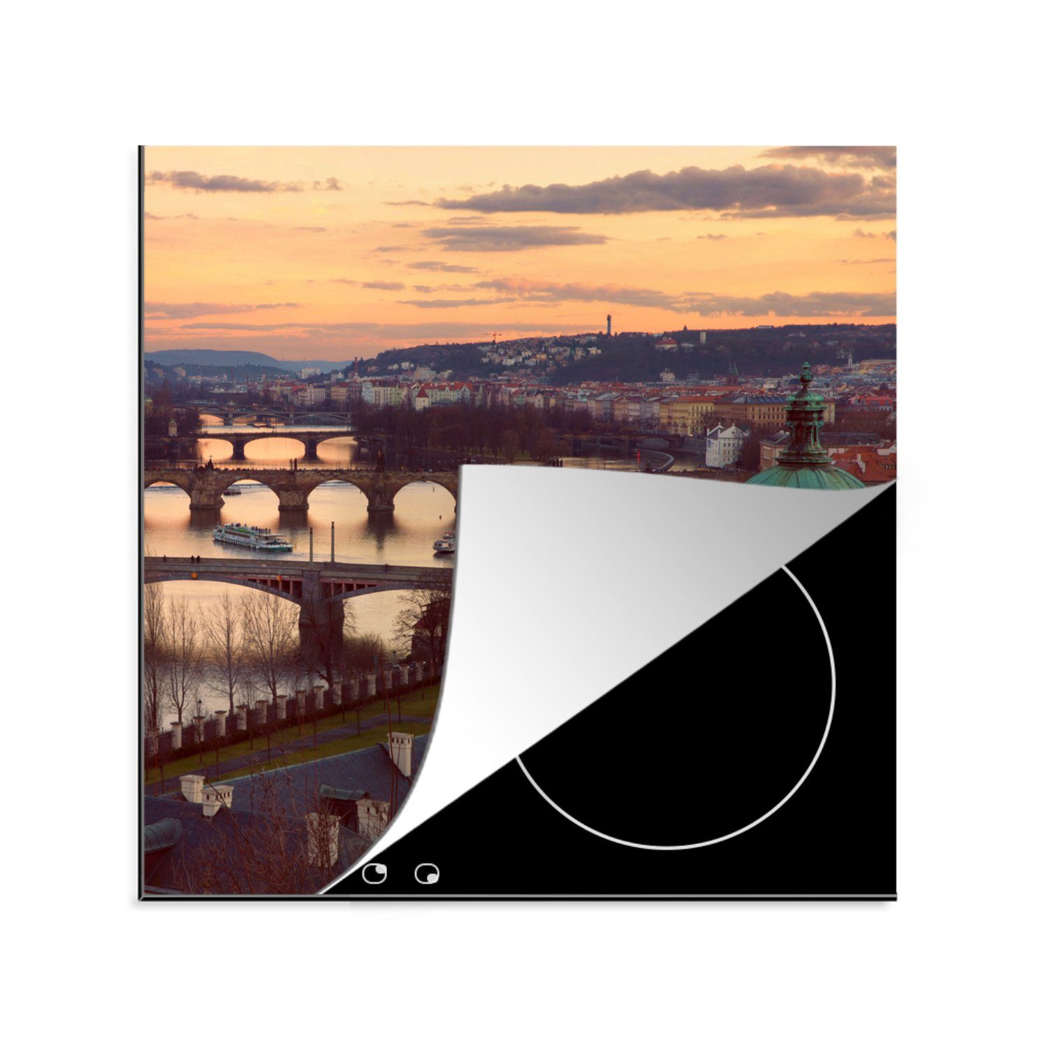 MuchoWow Herdblende-/Abdeckplatte Prag - Sonne - Architektur, Vinyl, (1 tlg), 78x78 cm, Ceranfeldabdeckung, Arbeitsplatte für küche