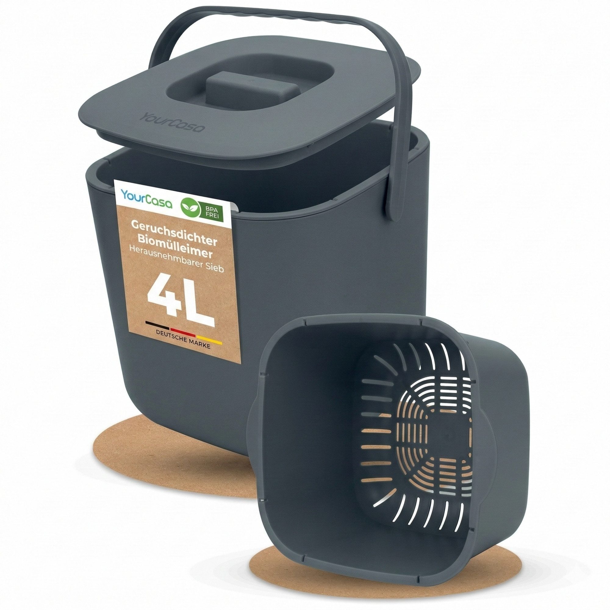 YourCasa Biomülleimer YourCasa® Biomülleimer Küche - Komposteimer für alltäglichen Biomüll, Mit Sieb, Spülmaschinenfest