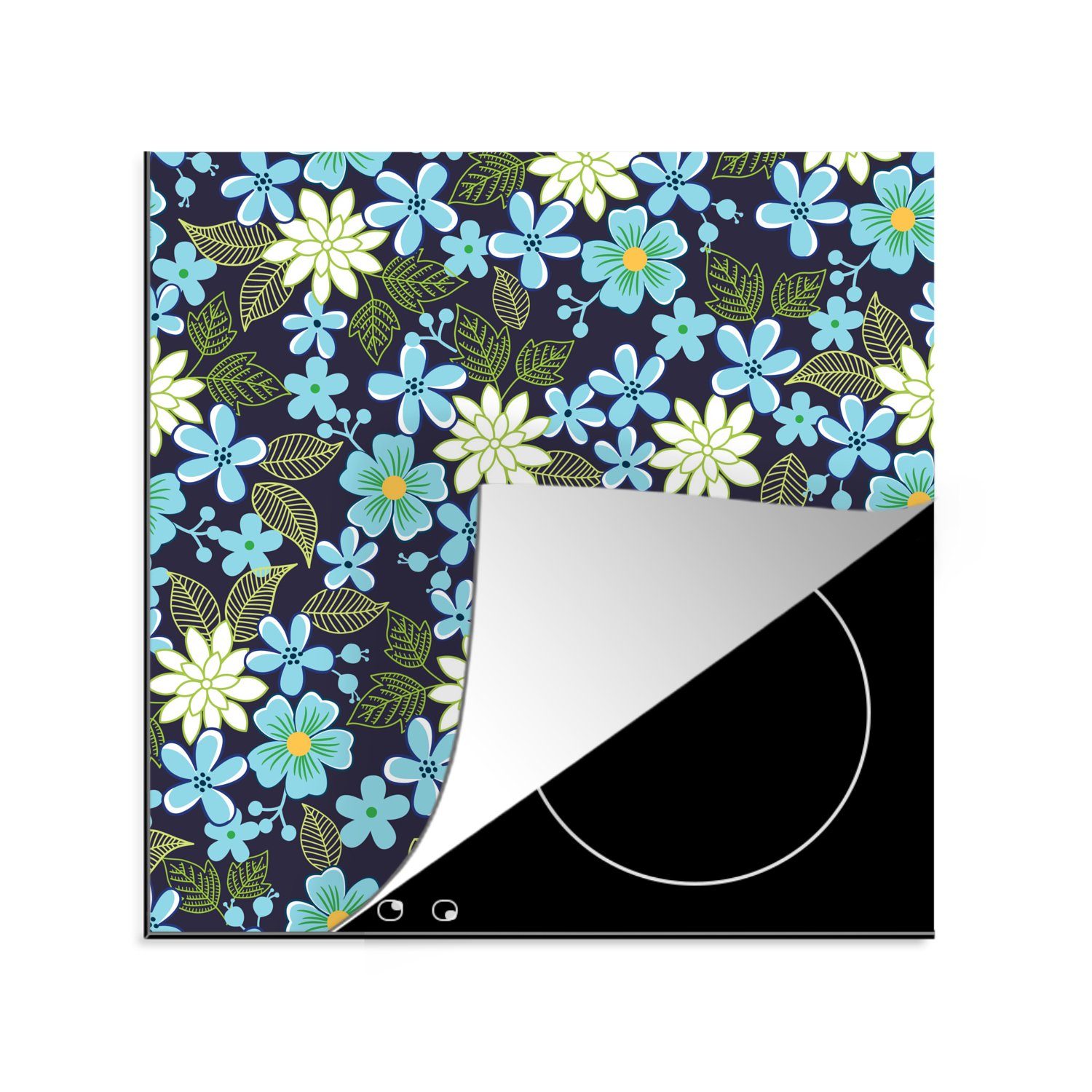 MuchoWow Herdblende-/Abdeckplatte Blumen - Blätter - Blau, Vinyl, (1 tlg), 78x78 cm, Ceranfeldabdeckung, Arbeitsplatte für küche