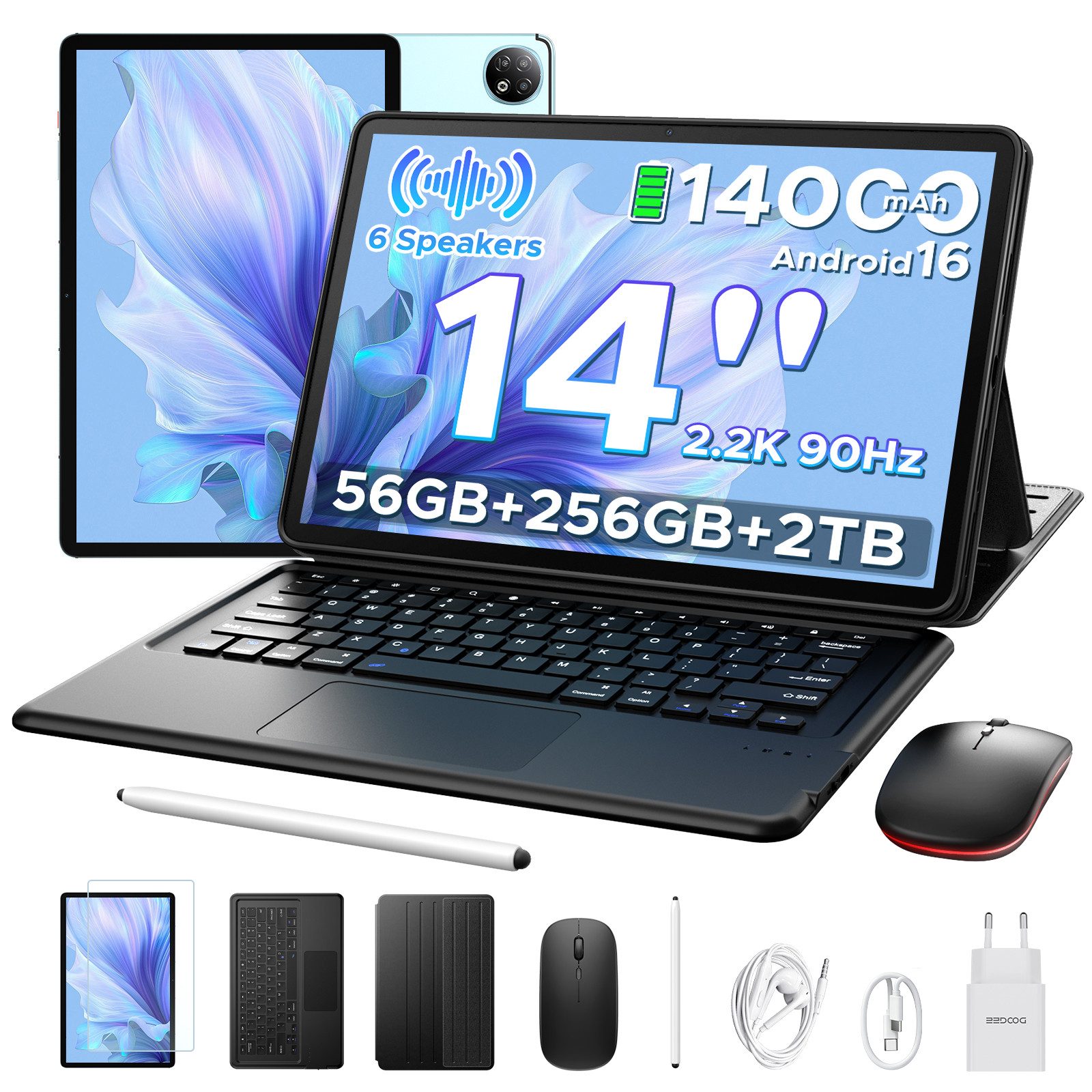 DOOGEE U14 Android 16 Tablet 14 Zoll, 14000mAh, 90Hz, 33W, 6GB RAM+256GB Tablet (14", Android 16, RK3576S, Gemini AI, WiFi6, GPS, Sechs Lautsprecher, Zwei Mikrofone)
