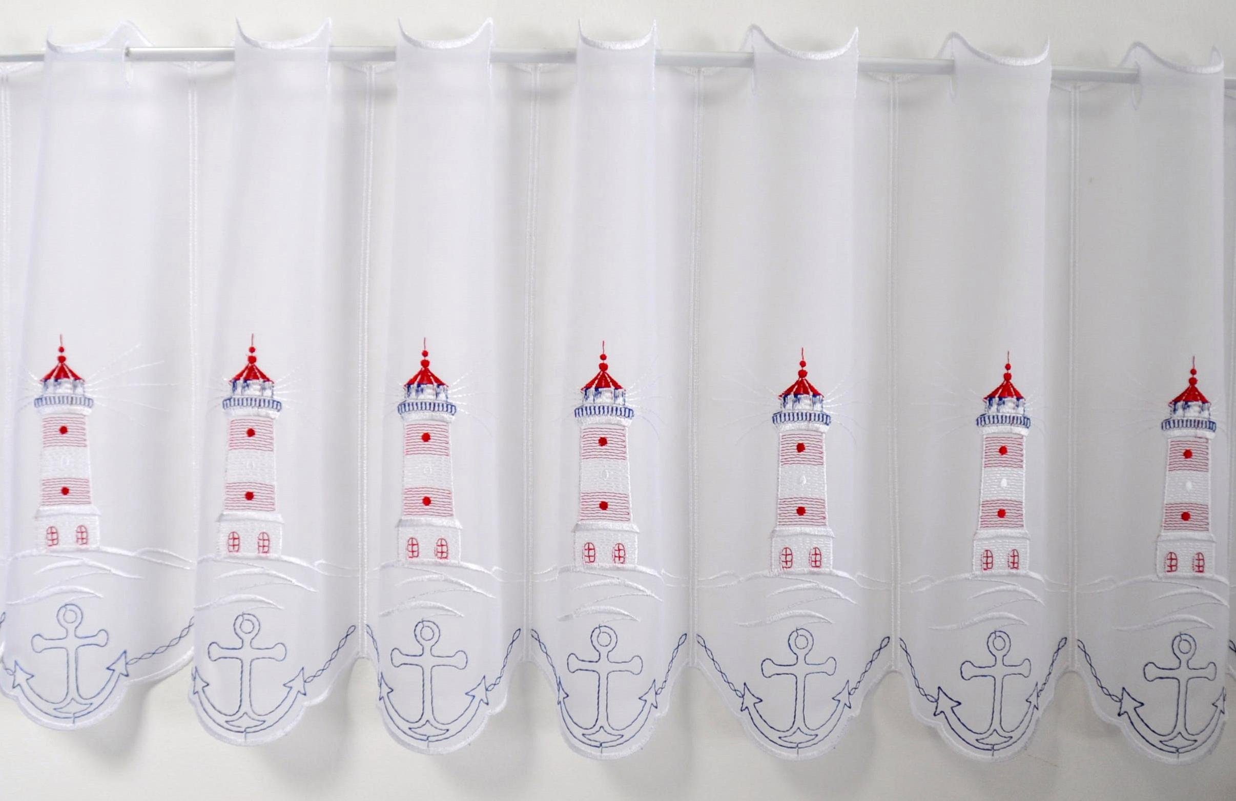 Stickereien Plauen Scheibengardine Leuchtturm, Stangendurchzug (1 St), transparent, Voile, mit echter Plauener Spitze Stickerei