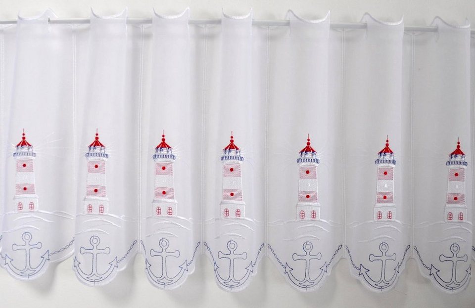 Scheibengardine Leuchtturm, Stickereien Plauen, Stangendurchzug (1 St),  transparent, Voile, mit echter Plauener Spitze Stickerei
