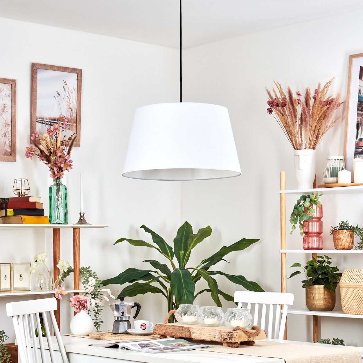 hofstein Hängeleuchte Hängelampe aus Metall/Stoff in Schwarz/Weiß, Hängeleuchte im modernen Design, (Schirm Ø 45cm), E27, Höhe max. 151cm