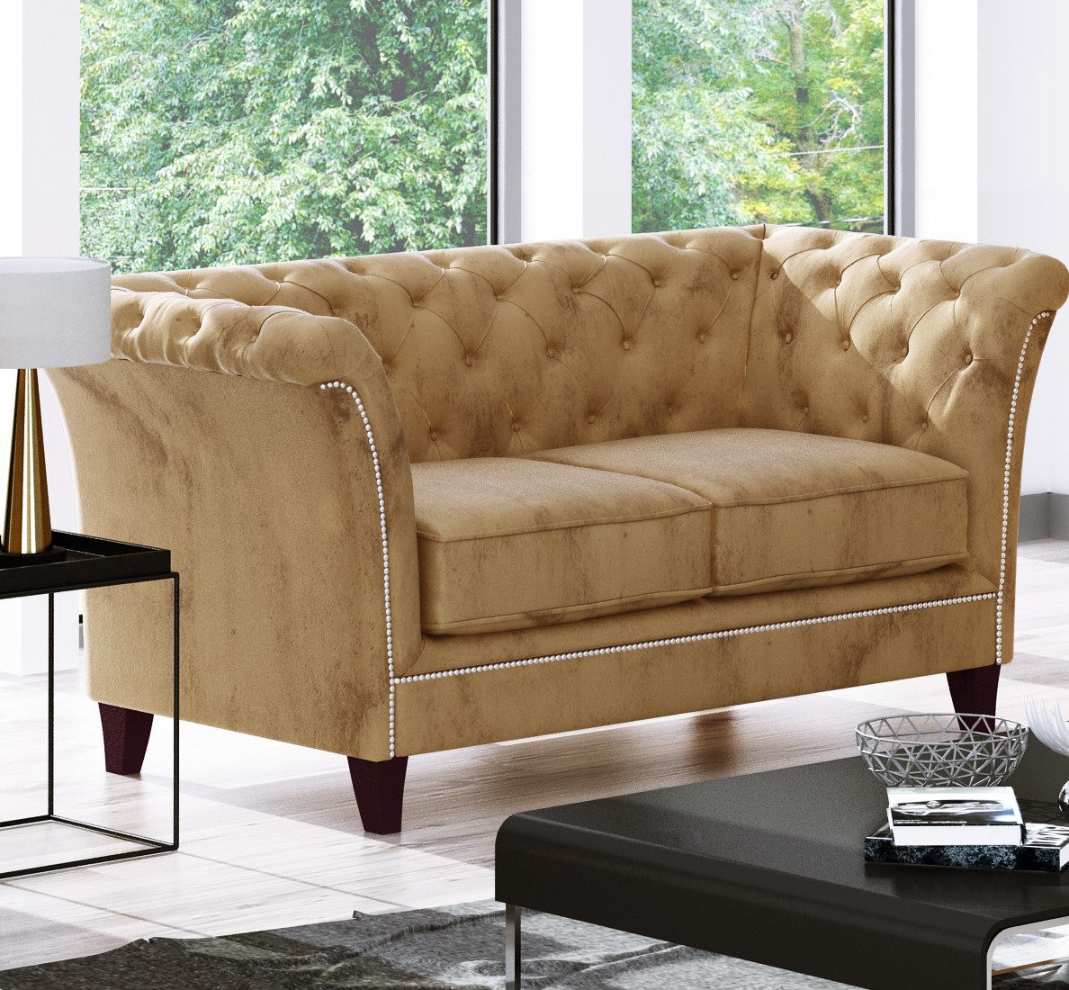 S-Style Möbel Chesterfield-Sofa Rainsburg 2-Sitzer aus Samt-Stoff mit Holzfüßen, mit Wellenfederung