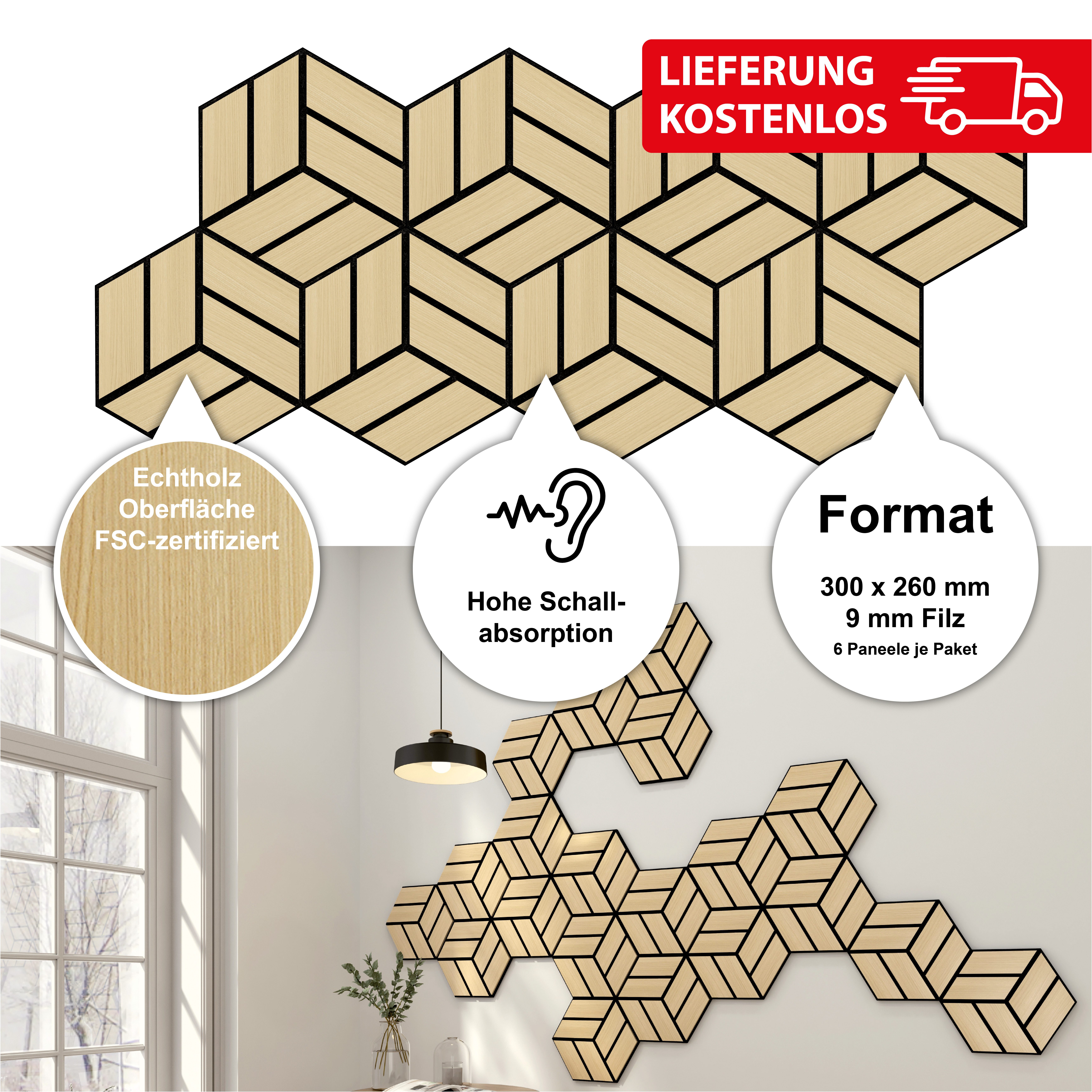 SONIDO 3D Wandpaneel 6er Set Hexagon günstig online kaufen