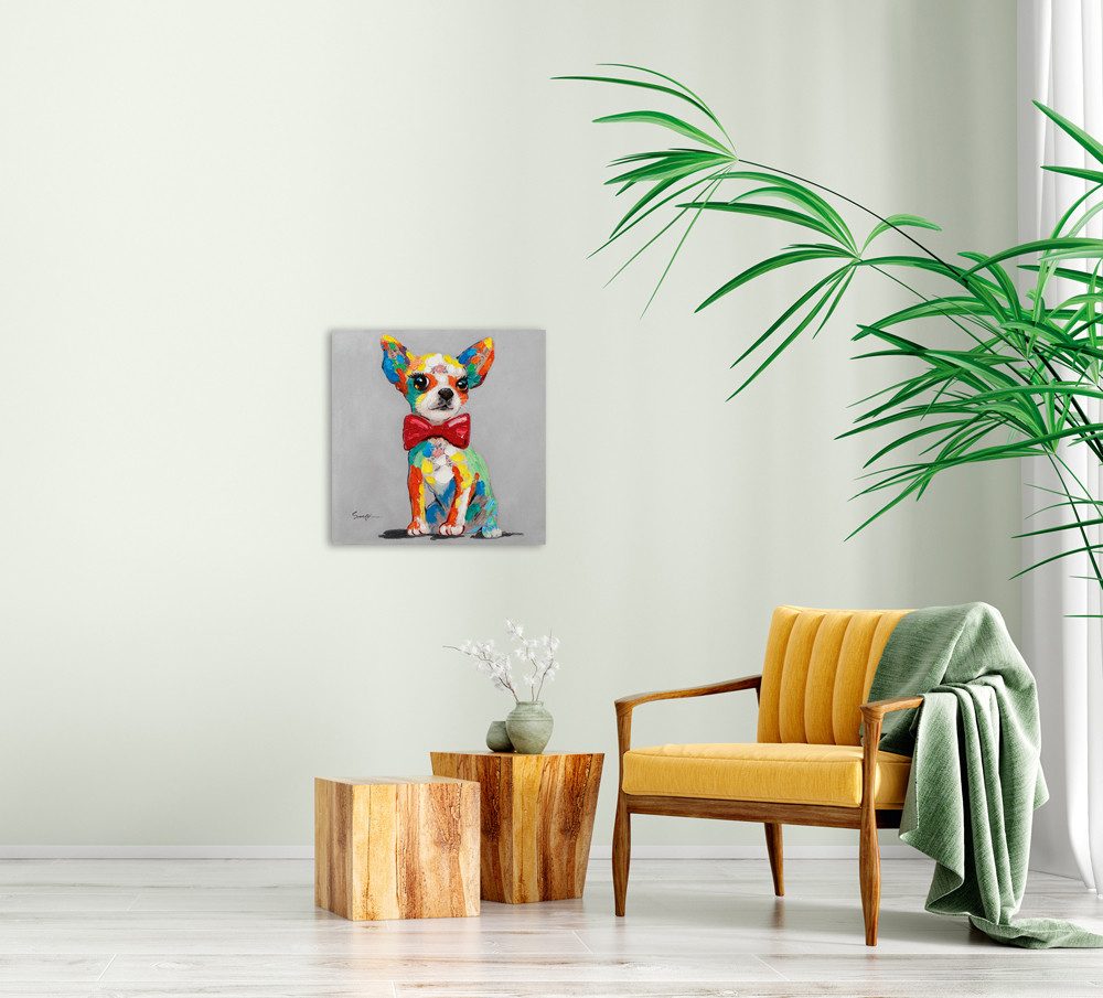 ArtUniverse Gemälde Leinwandbild Bunter Chihuahua mit Fliege 50 x 50 cm, Tiermotiv