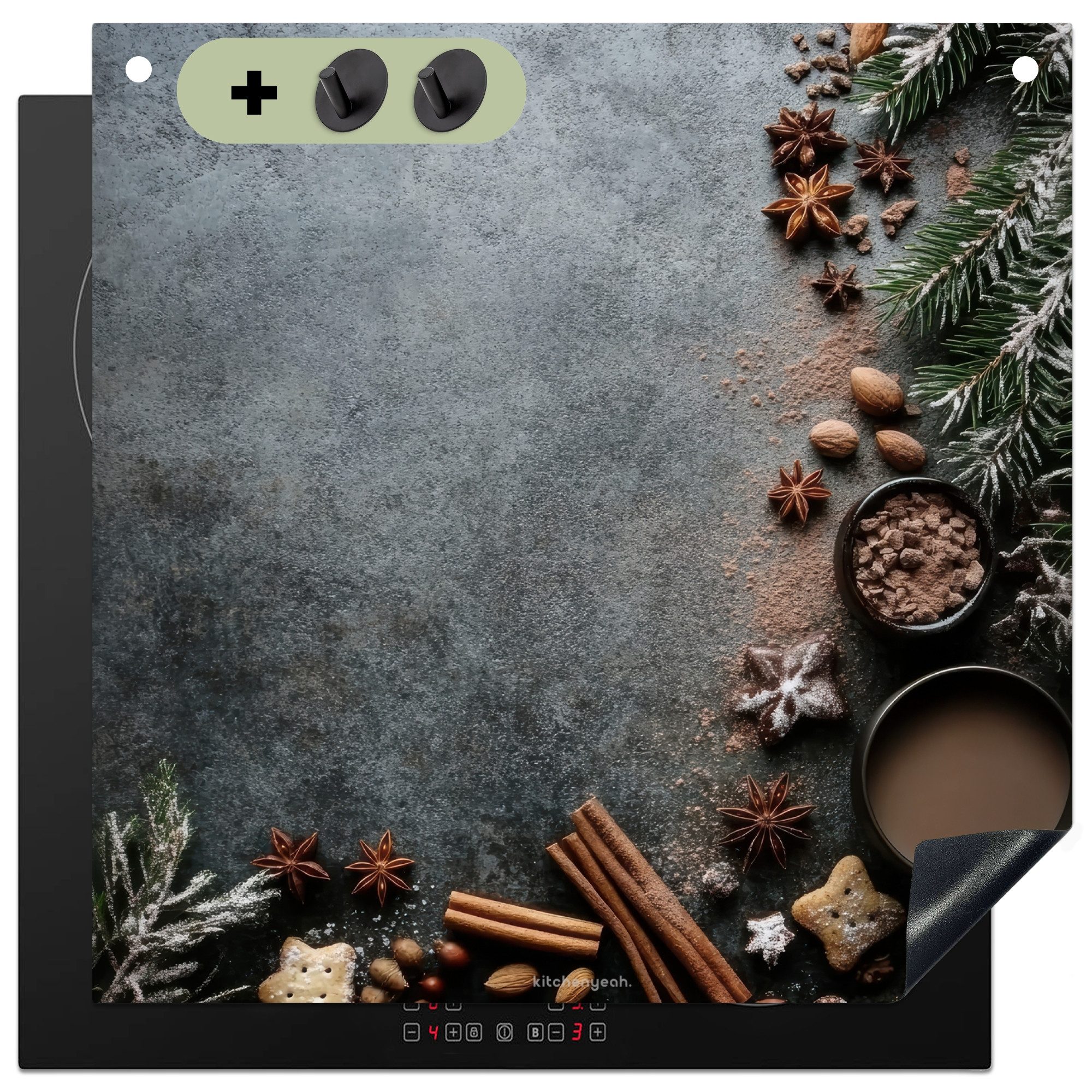 KitchenYeah Küchenrückwand Winter - Weihnachten - Beton - Kiefernzweig, (1-tlg), Abdeckung Induktionskochfeld Schutzmatte, Küche Deko, 78x78 cm