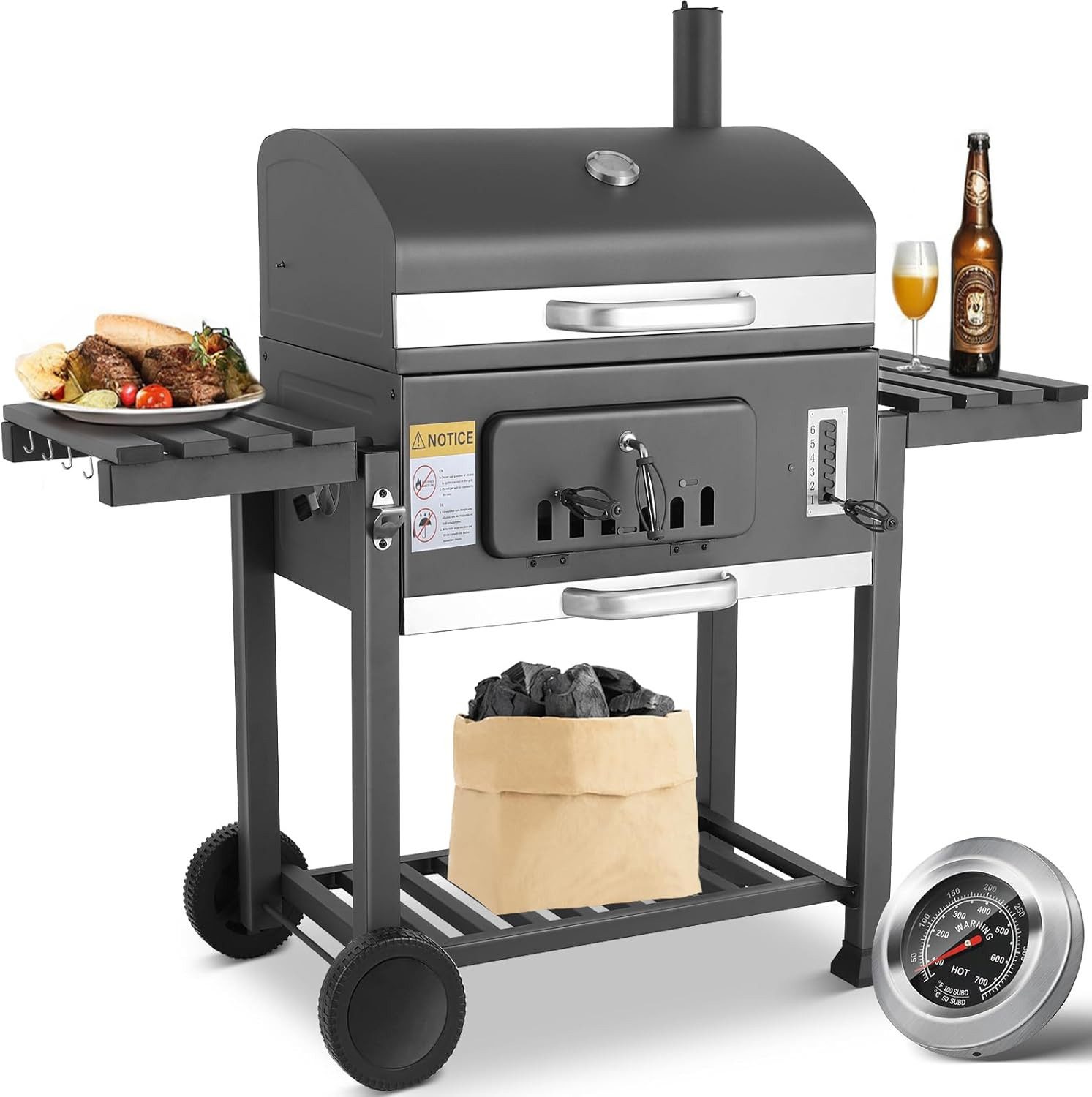 TLGREEN Holzkohlegrill Standgrill 152x136x60 cm, BBQ Grillwagen Holzkohle, Kohlegrill Groß mit Deckel, Rädern, Thermometer und Schornstein, Grillwagen xxl, BBQ Grill mit Deckel & Rädern, Smoker für Camping