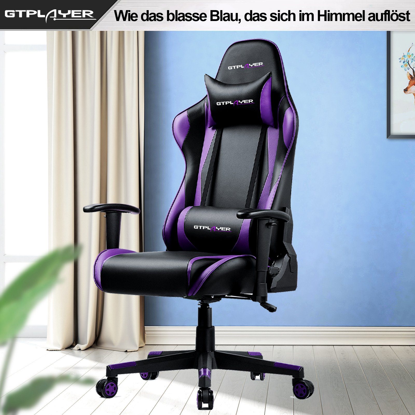 GTPLAYER Gaming-Stuhl Bürostuhl Gaming Stuhl Gaming Sessel ergonomischer Gamer Stuhl, bis 150 kg belastbar, Neigungswinkel 90°-165° lila