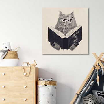 Posterlounge Holzbild Valeriya Korenkova, Lesende Katze, Jungenzimmer Skandinavisch Kindermotive
