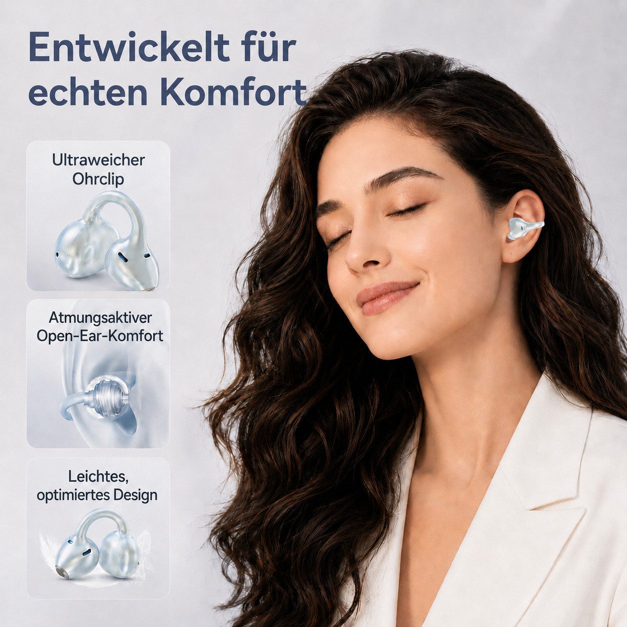 Futicare Bluetooth 6.0 Clip-On-Kopfhörer mit Dual-Mikrofon, 62 Std. Akku, Open-Ear-Kopfhörer (IPX5,kabellose Bluetooth Kopfhörer mit leichtem Ohrclip-Design)
