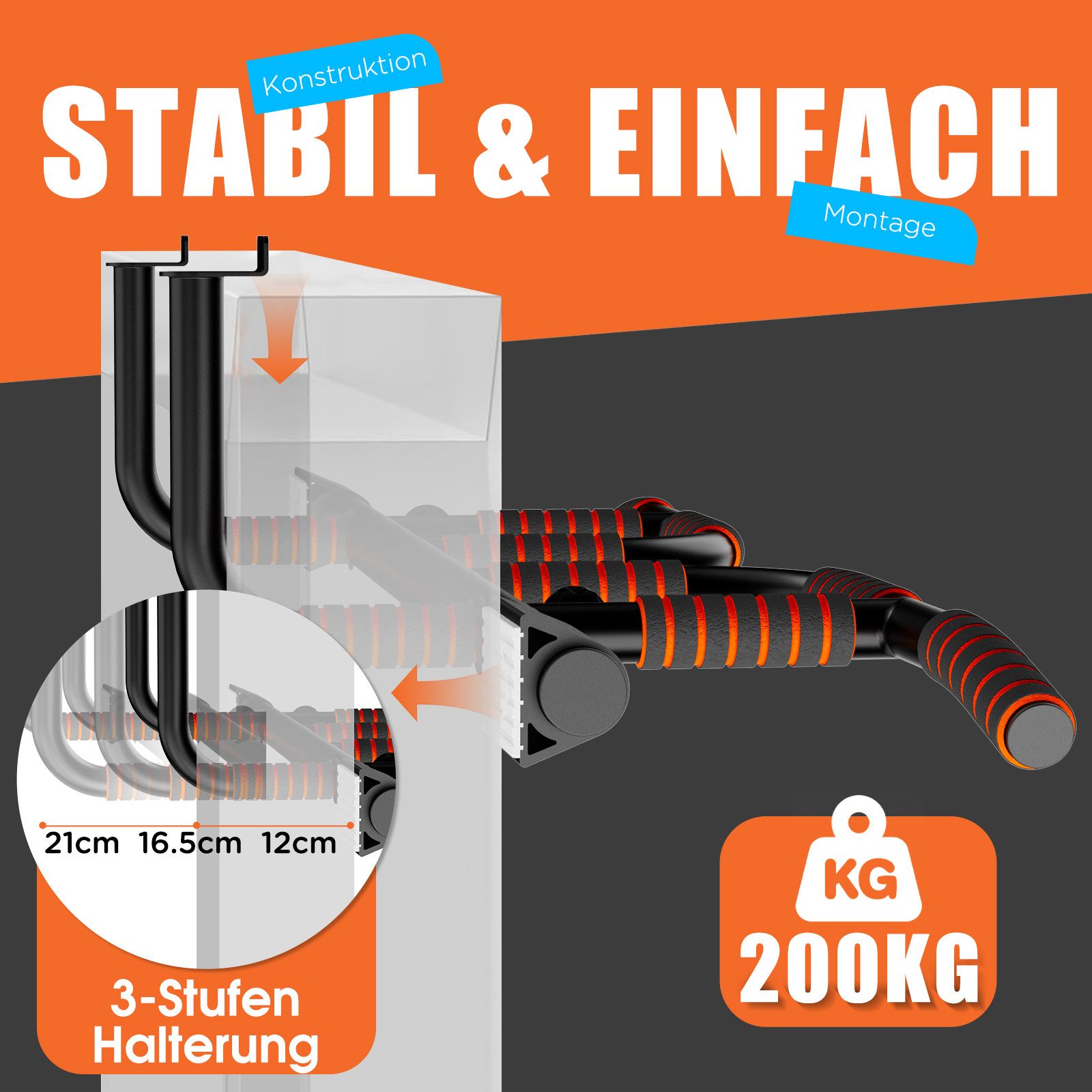 DH FitLife Klimmzugstange Türrahmen ohne Schrauben kein Abrutschen (für Türrahmen 65-92cm, mit Multigriff-Positionen), Reckstange Turnstange Türreck zum Einhängen