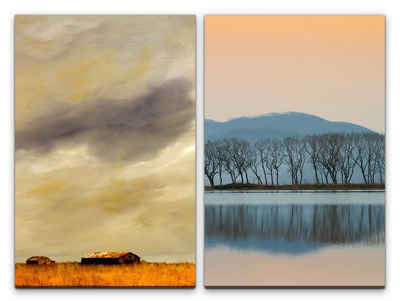 Sinus Art Leinwandbild 2 Bilder je 60x90cm Farm USA Malerisch Baumreihe See Natur Kornfeld
