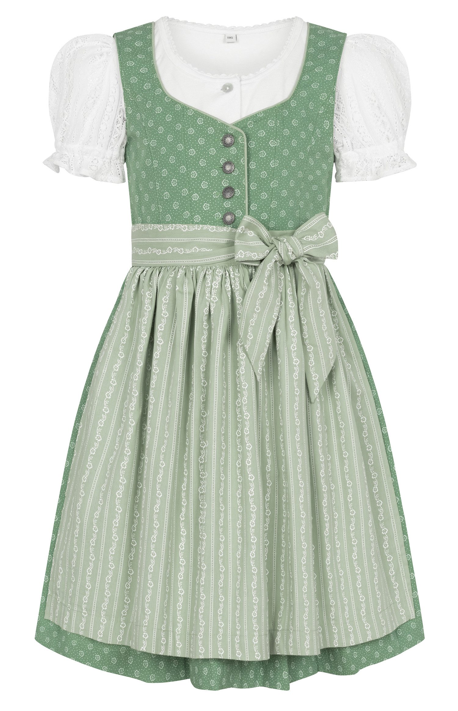 Nübler Dirndl Kinderdirndl Flores in Almgrün, 3-teiliges Set - Rocklänge knielang