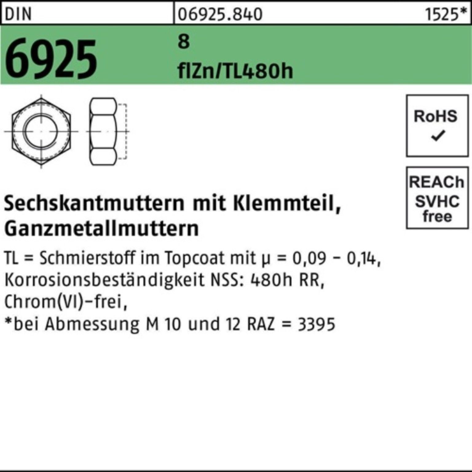 Reyher Muttern 500er Pack Sechskantmutter DIN 6925 Klemmteil M8 8 zinklamellenbes. fl