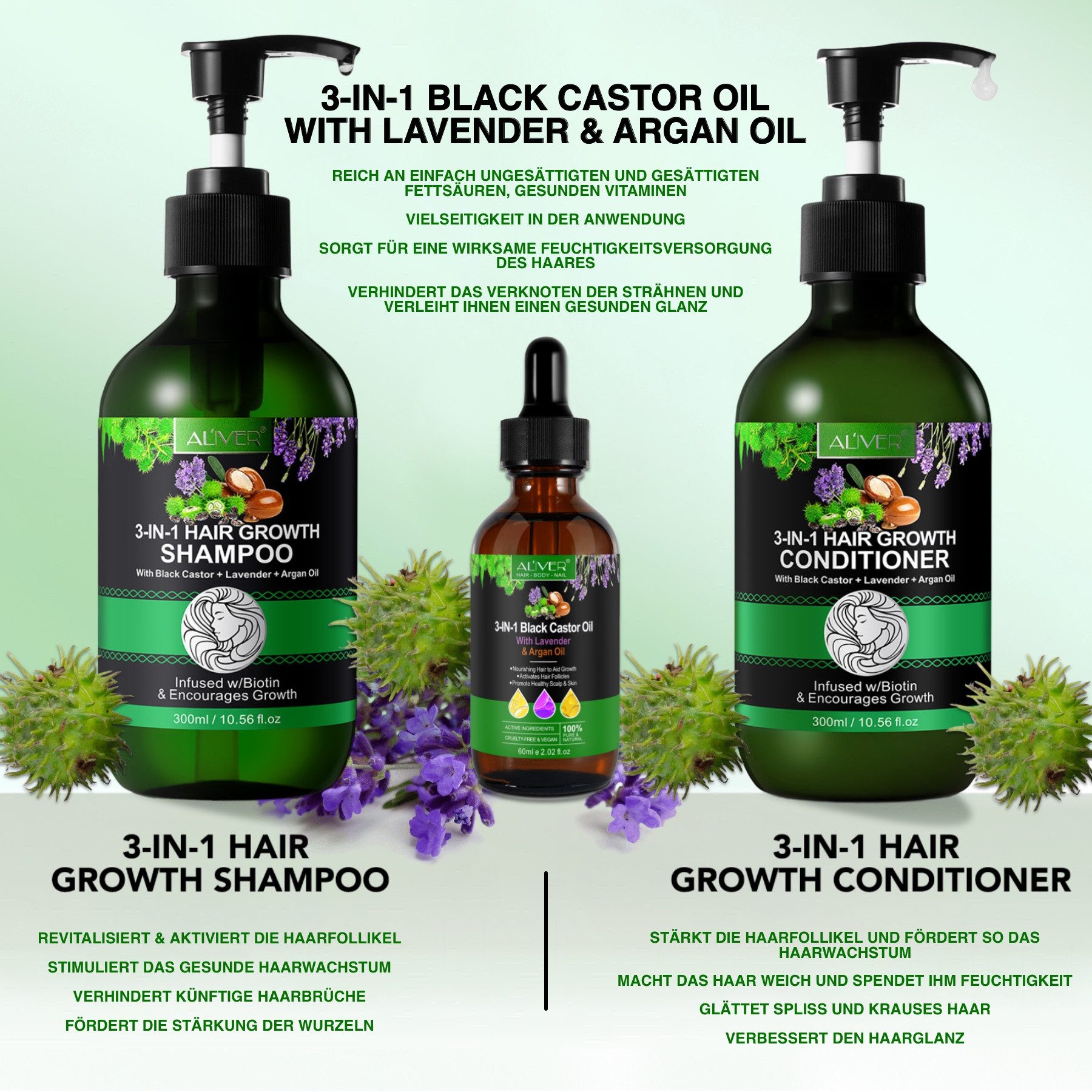 ALIVER Haarpflege-Set Shampoo Conditioner Haaröl mit Biotin Rizinus Lavendel Argan Öl