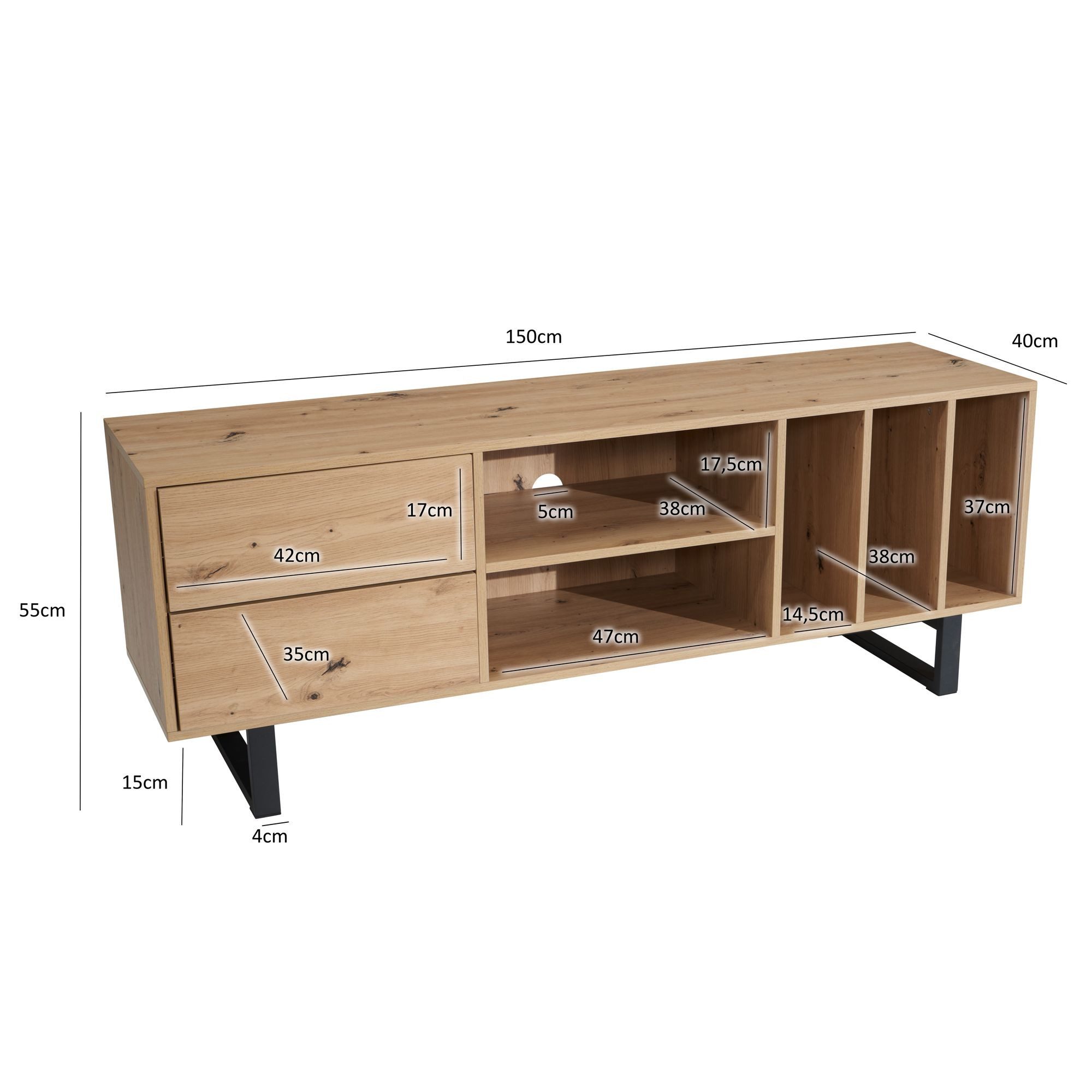 FINEBUY Lowboard FB56046 Fernsehkommode 150 cm TV Schrank Regal Fernsehschrank Modern (TV-Kommode Hoch, TV-Schrank Modern Fernsehtisch), Eiche-Dekor, 150x55x40 cm, zwei Schubladen