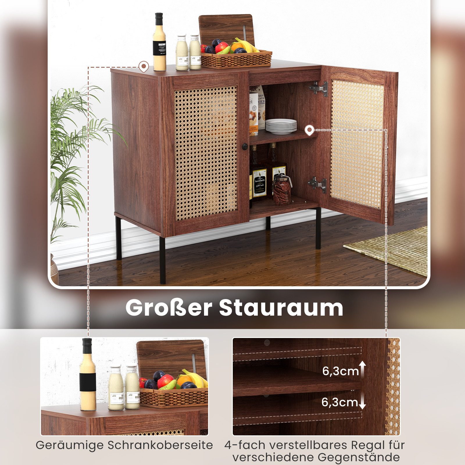 KOMFOTTEU Küchenbuffet Sideboard mit Rattantür & erhöhten Metallbeinen
