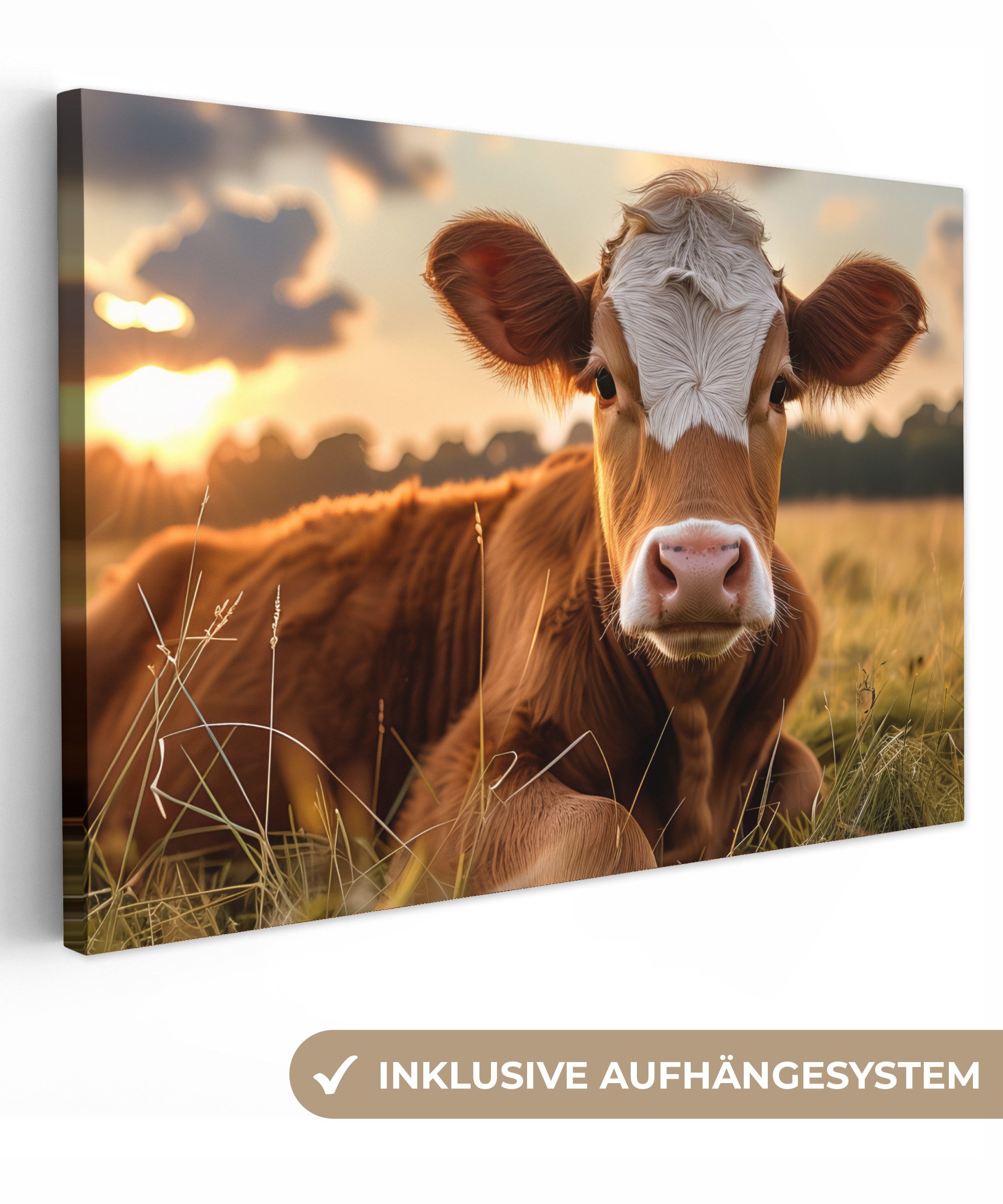OneMillionCanvasses® Leinwandbild Kuh - Tier - Wiese - Gras - Tiere - Natur, Fotodruck (1 St), Leinwand Bilder Klein, Wand Dekoration Aesthetic 30x20 cm