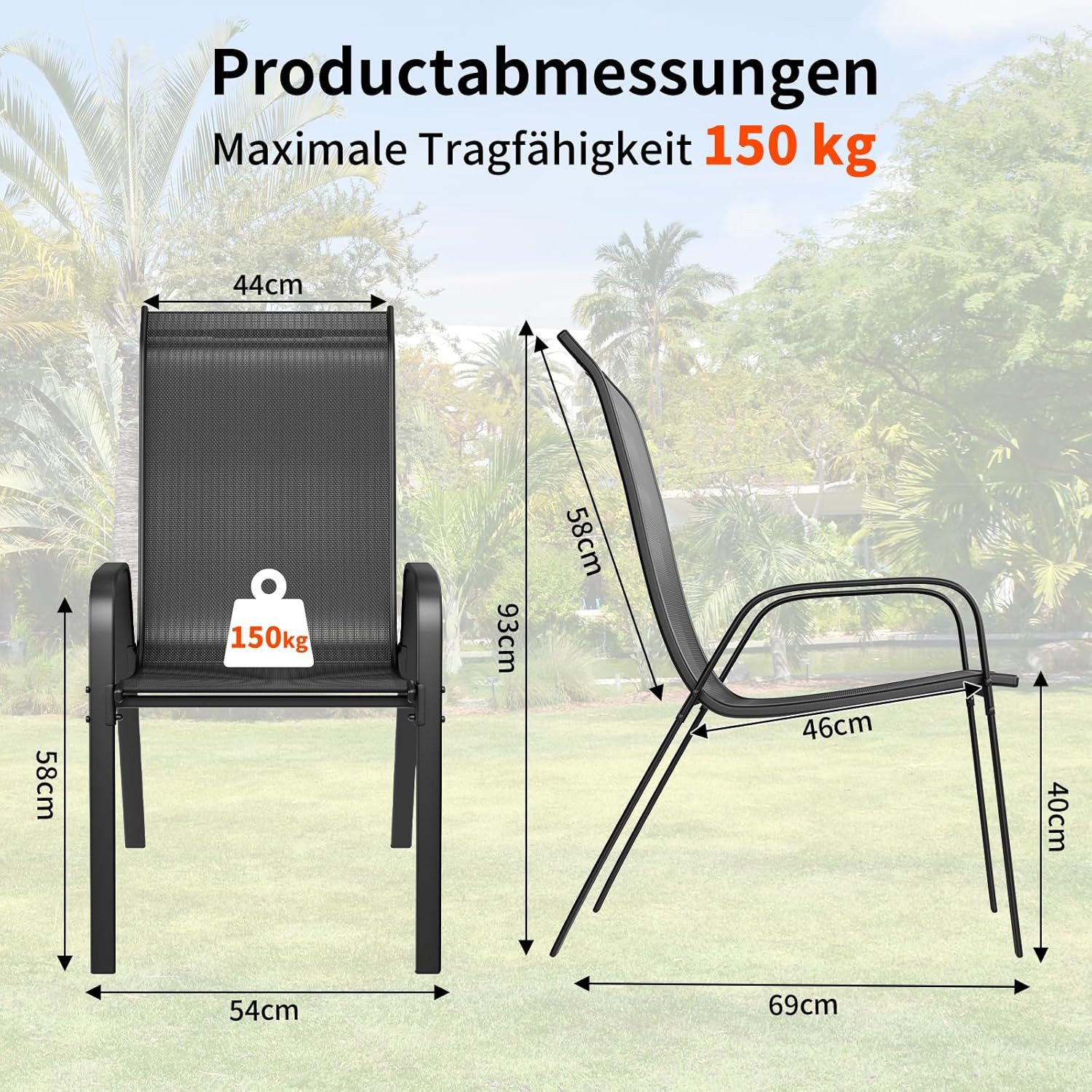 TLGREEN Stapelstuhl Gartenstühle Stapelstuhl,Camping Stapelbar Hochlehner, (Terrassenstuhl Textilene Stahlgestell für Gärten Innenhöfe Balkone Restaurants, 6 St – Bild 3 von 5