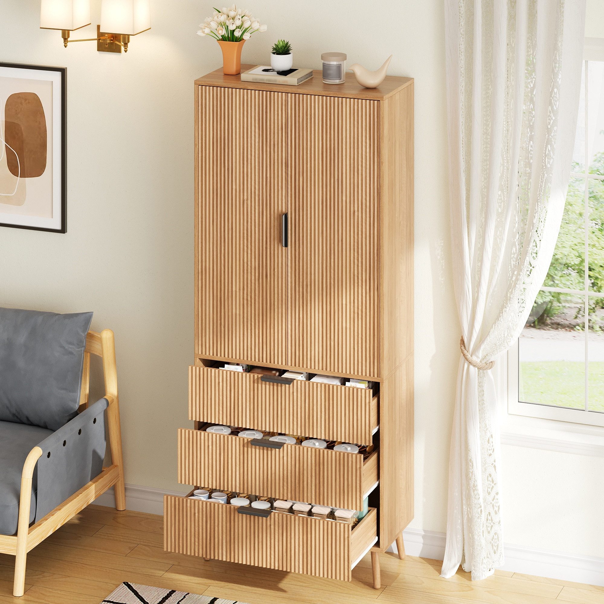Flieks Hochschrank Vorratsschrank mit 3 Schubladen, Türablagen, verstellbar Einlegeböden (Massivholzbeine, 75x35x180 cm, 1-St., für Küche, Wohnzimmer, Esszimmer – Bild 4 von 5