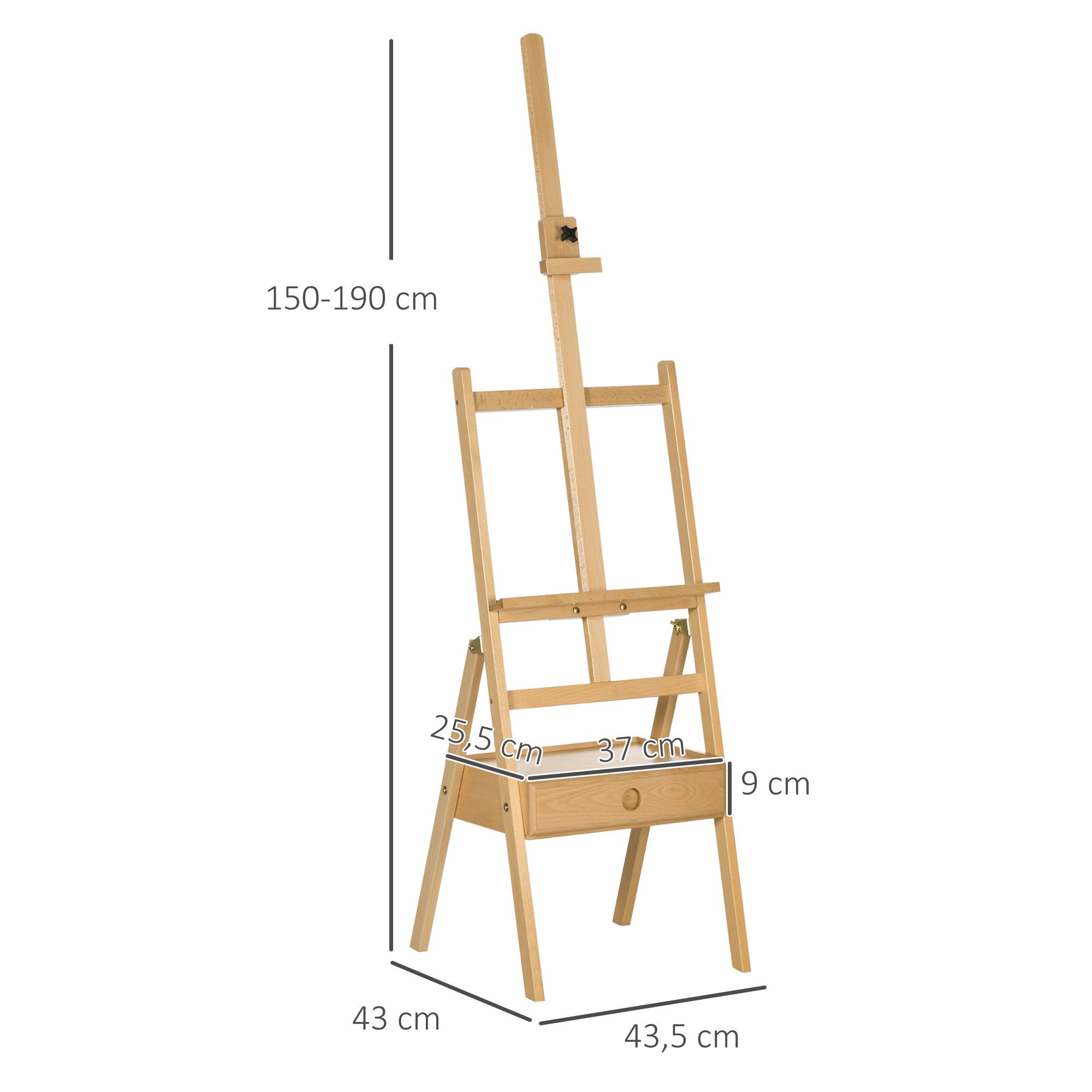 Vinsetto Staffelei Atelierstaffelei mit Halterung, Naturholz 43,5 x 43 x 150-190 cm