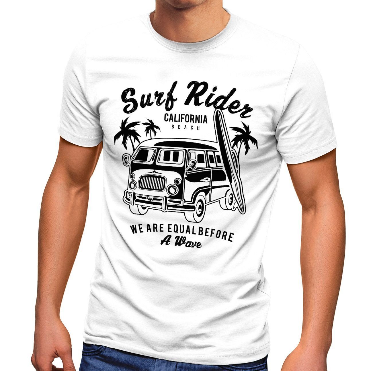 Fit Bus Print-Shirt Neverless® Neverless Surfing T-Shirt weiß Retro Herren Print mit Slim