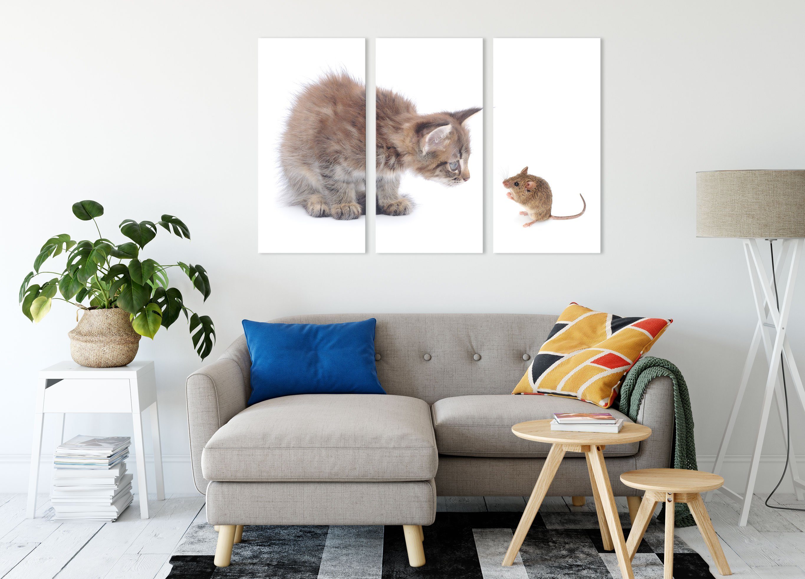 Pixxprint Leinwandbild Katze und Freunde, inkl. Leinwandbild und Maus (120x80cm) fertig Freunde bespannt, St), Zackenaufhänger Maus Katze 3Teiler (1