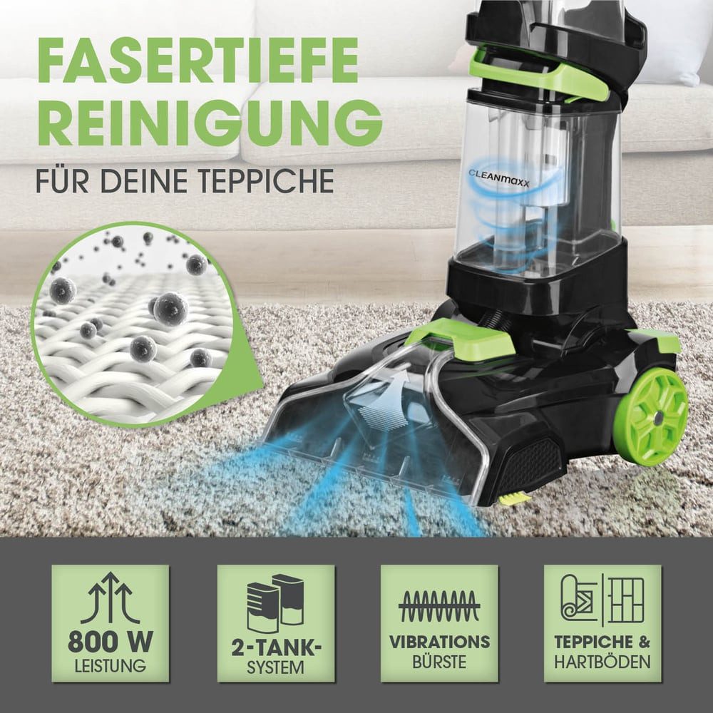 CLEANmaxx Teppichreinigungsgerät Teppich- & Polsterreiniger Professional, 800 W, Waschsauger inkl. Ersatzbürste & Teppichshampoo