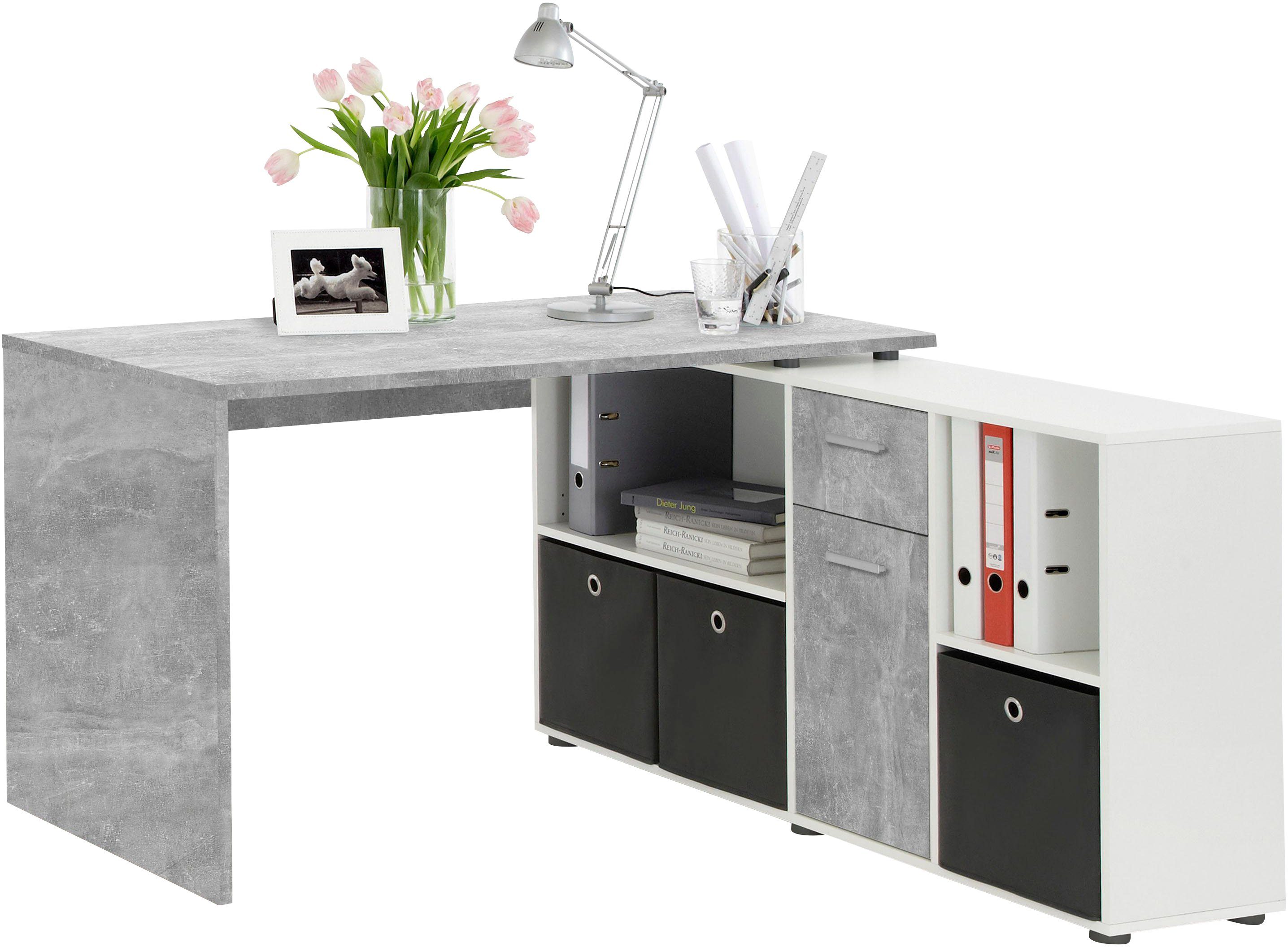 FMD Eckschreibtisch Lex, Schreibtisch / Sideboard, drehbar, Breite 136 / 205 cm, Made in Germany betonfarben/weiß
