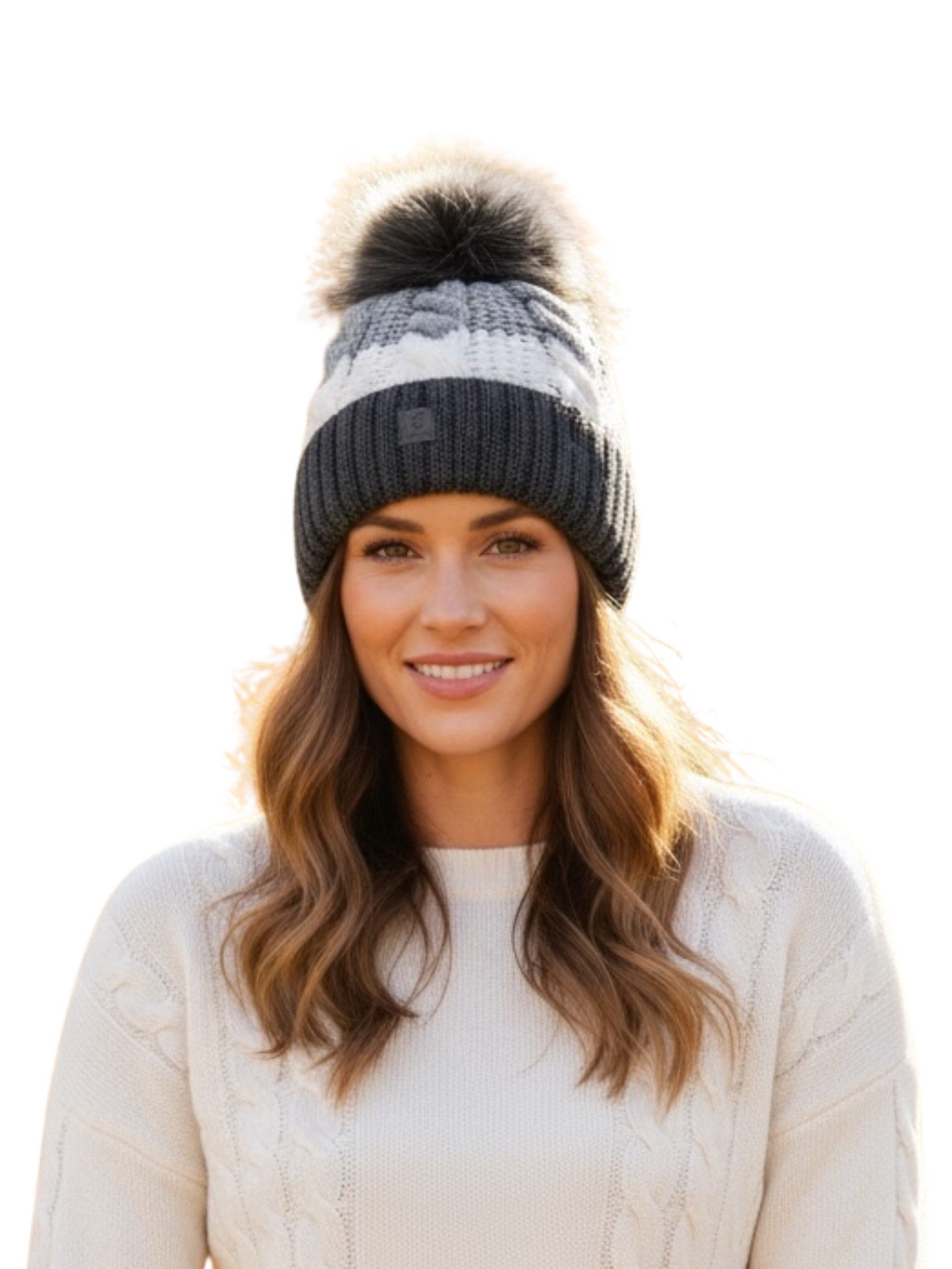 Taschen4life Bommelmütze Mütze mit großem Bommel AZ2342PC (unisex) Strickmütze im Grobstrick mit Zopfmuster, warm gefüttert