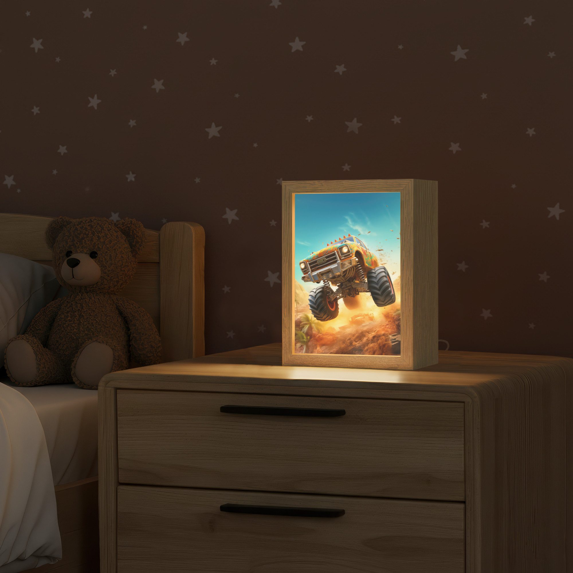 OnlyWow Nachttischlampe Lightbox Monstertruck - Kind - Junge - Auto - Jungen, Dimmbar, Farbwechsel, LED, Warmweiß, Kaltweiß, Neutralweiß Einstellbar, Kinderzimmer, Babyzimmer, Dimmbar, mit Kabel, Nachtlampe, LED