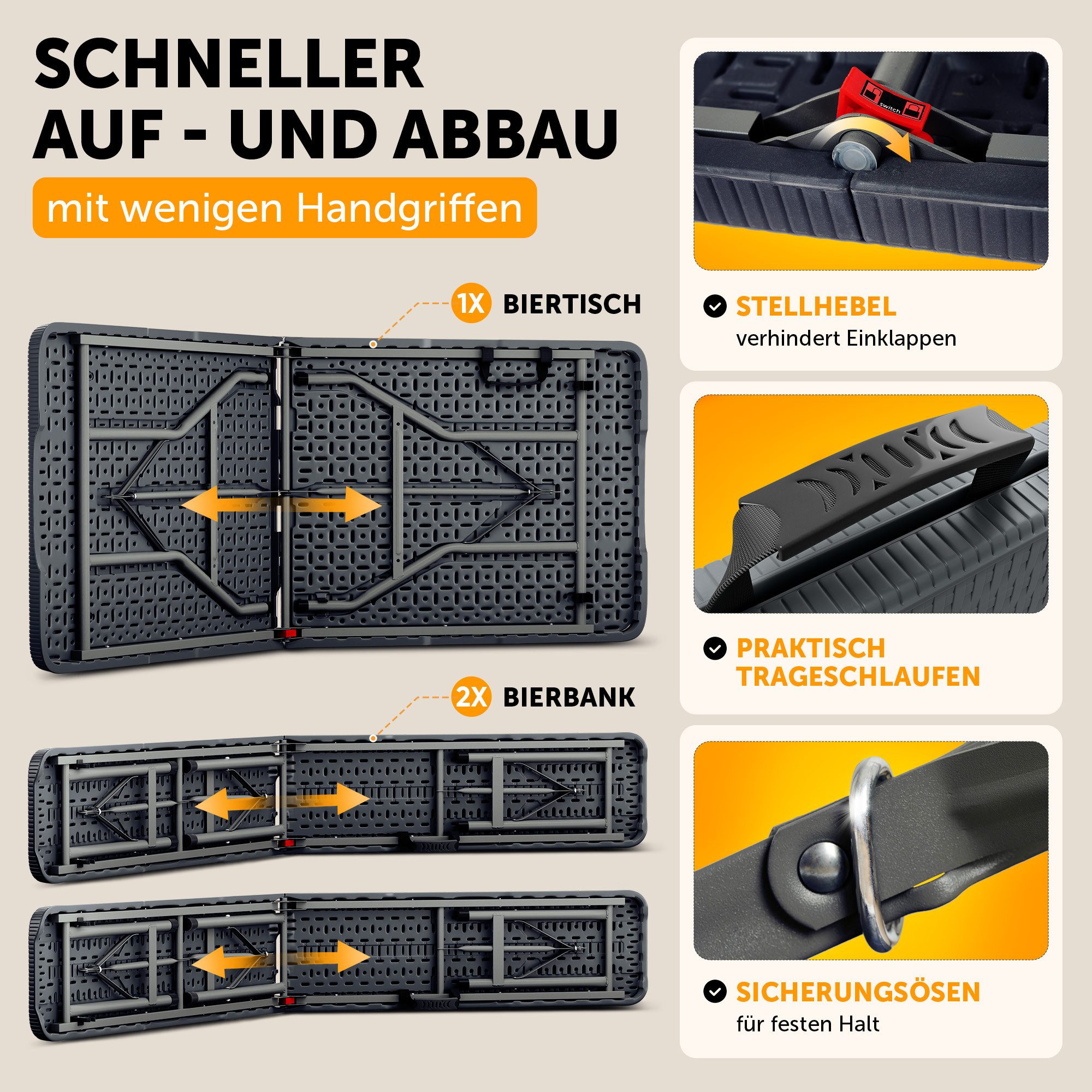 Blumtal Bierzeltgarnitur Bierzeltgarnitur 3er Set - 2X Bierbank + 1x Biertisch, (3-tlg), tragstarke Biertischgarnitur klappbar für 8 Personen mit Tragegriff