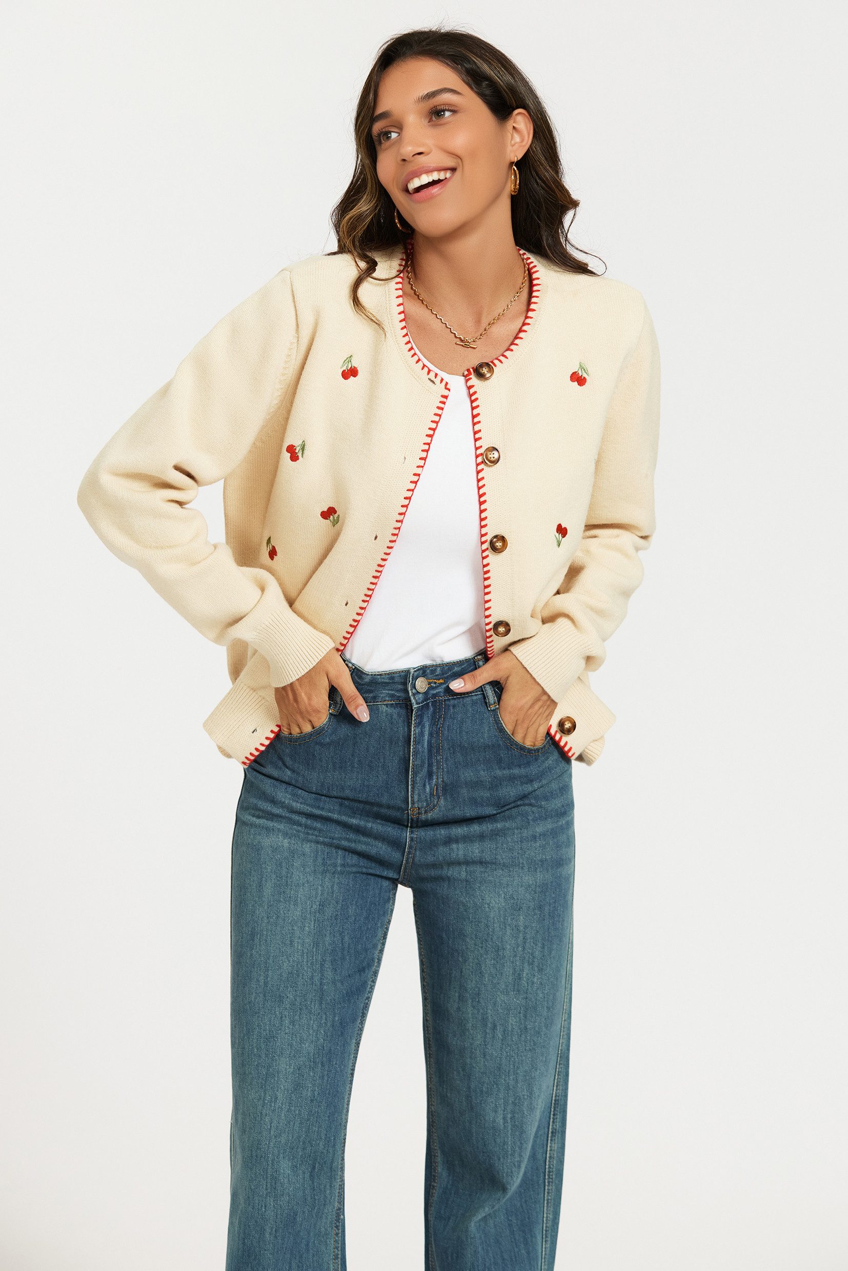 FS Collection Strickjacke Damen Strickjacke Cardigan Kirschstickerei Knopfleiste Rundhals Creme (Einheitsgröße) Wollmix mit Kirschstickerei und roter Kontrastkante