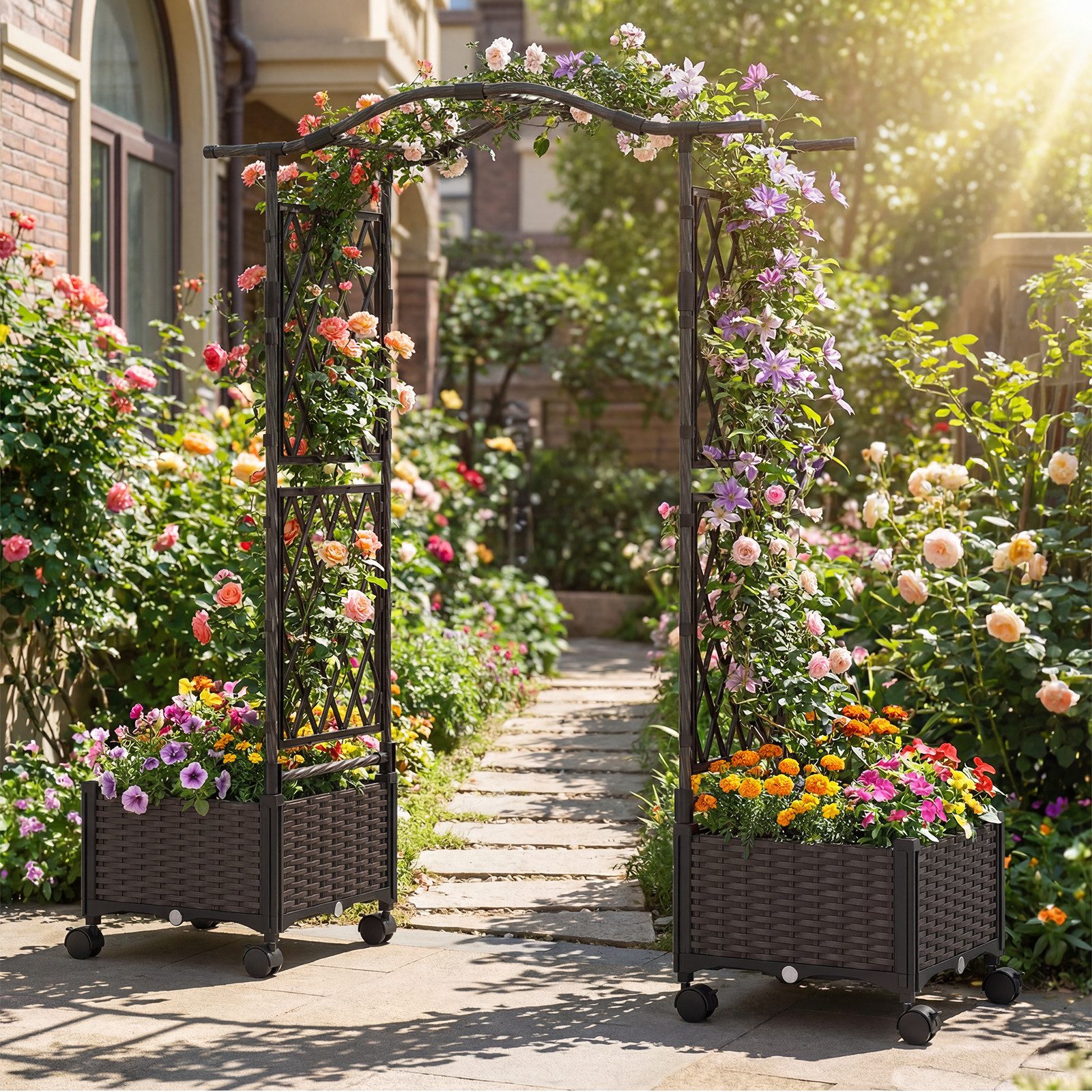 COSTWAY Blumenkasten (1 St), 2 in 1 Rosenbogen, mit Rankgitter, Rollen, für Kletterpflanzen