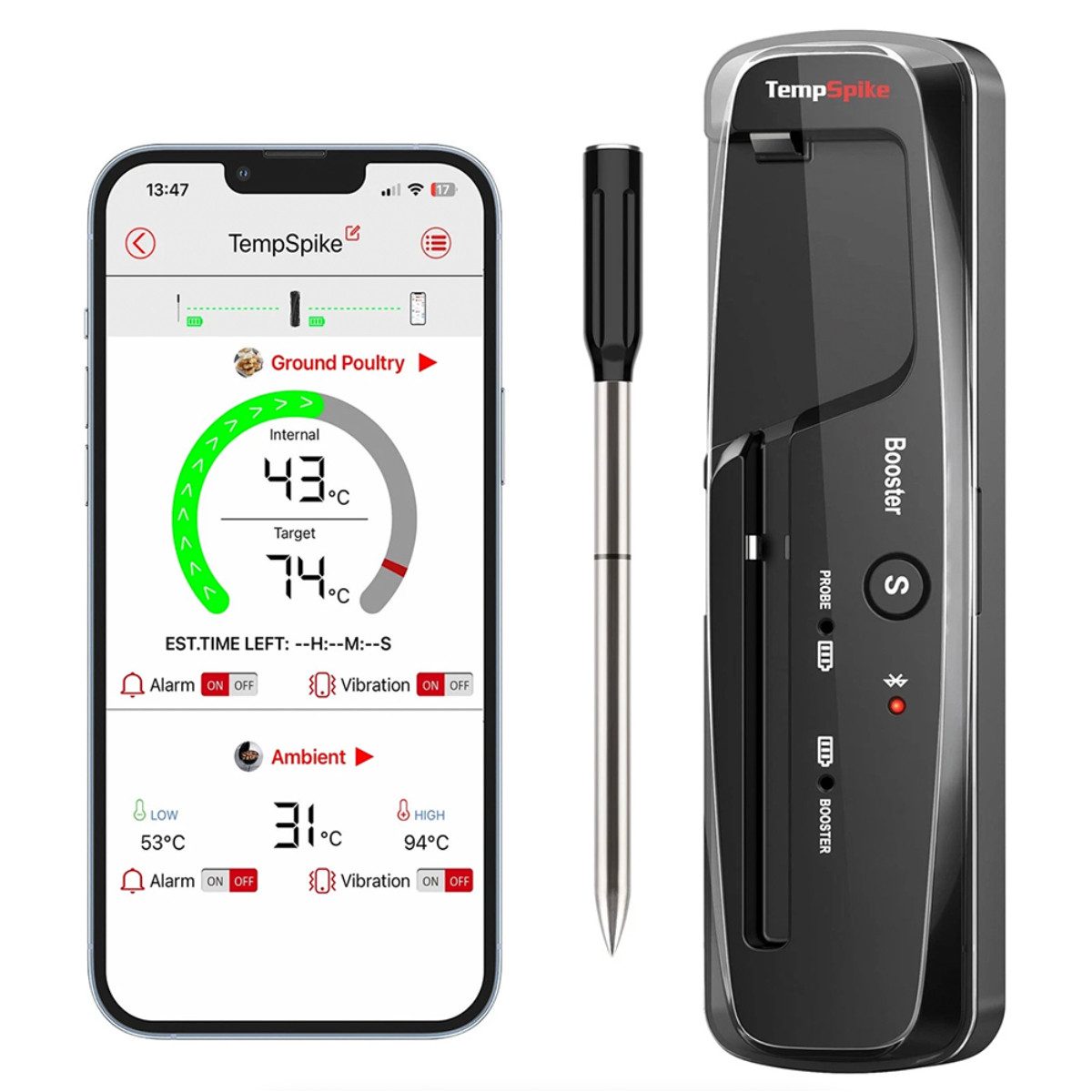 ThermoPro Grillthermometer TP961 Funk mit 2 Fühlern 150 m Reichweite für Grill und BBQ, Thermometer-Set 2-tlg., Sonde mit 2 Temperatursensoren und Booster, 150 m Bluetooth-Reichweite
