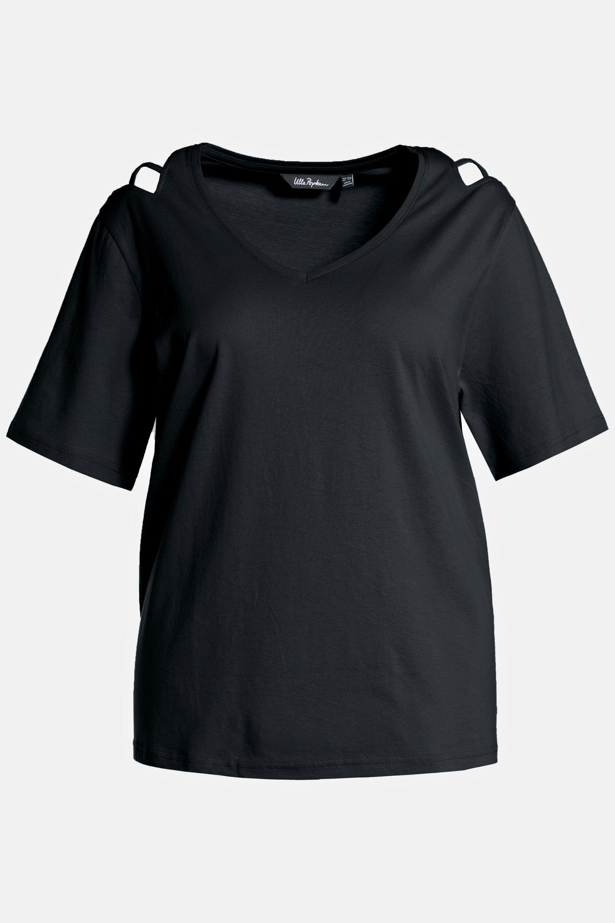 Schulterschlitze T-Shirt schwarz Popken Rundhalsshirt Halbarm V-Ausschnitt Ulla