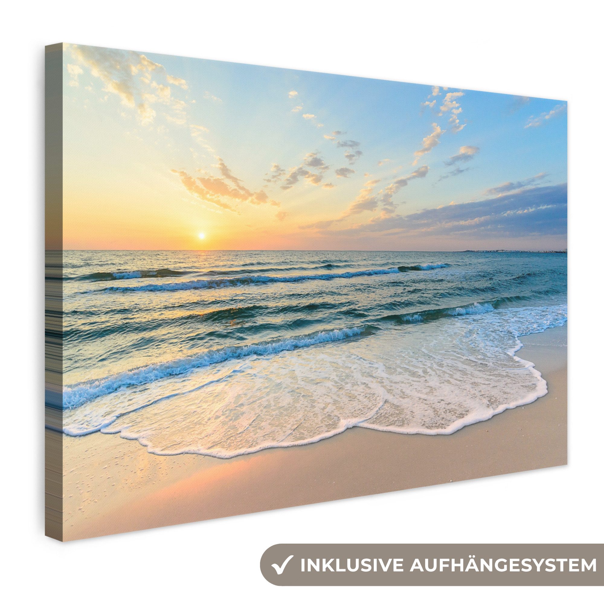 OneMillionCanvasses® Leinwandbild Strand - Meer - Sonnenuntergang - Golf, Fotodruck (1 St), Leinwand Bilder Klein, Wand Dekoration Aesthetic 30x20 cm