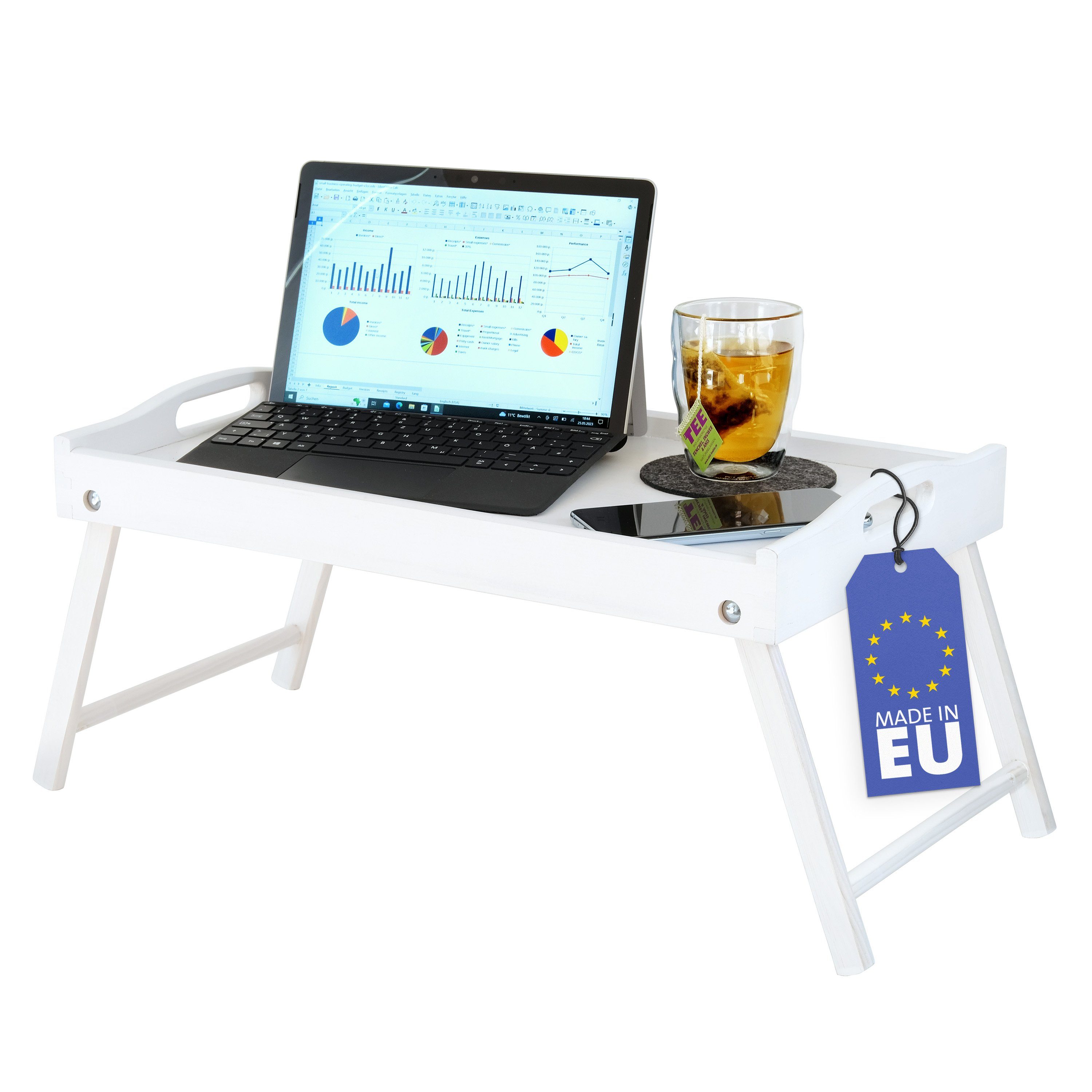 Knietablett, weiß EU weiß Laptop Birkenholz Erhöhung, Laptoptisch in Tablett, Forstwirtschaft, aus RUBBERNECK Klappbares made | nachhaltiger