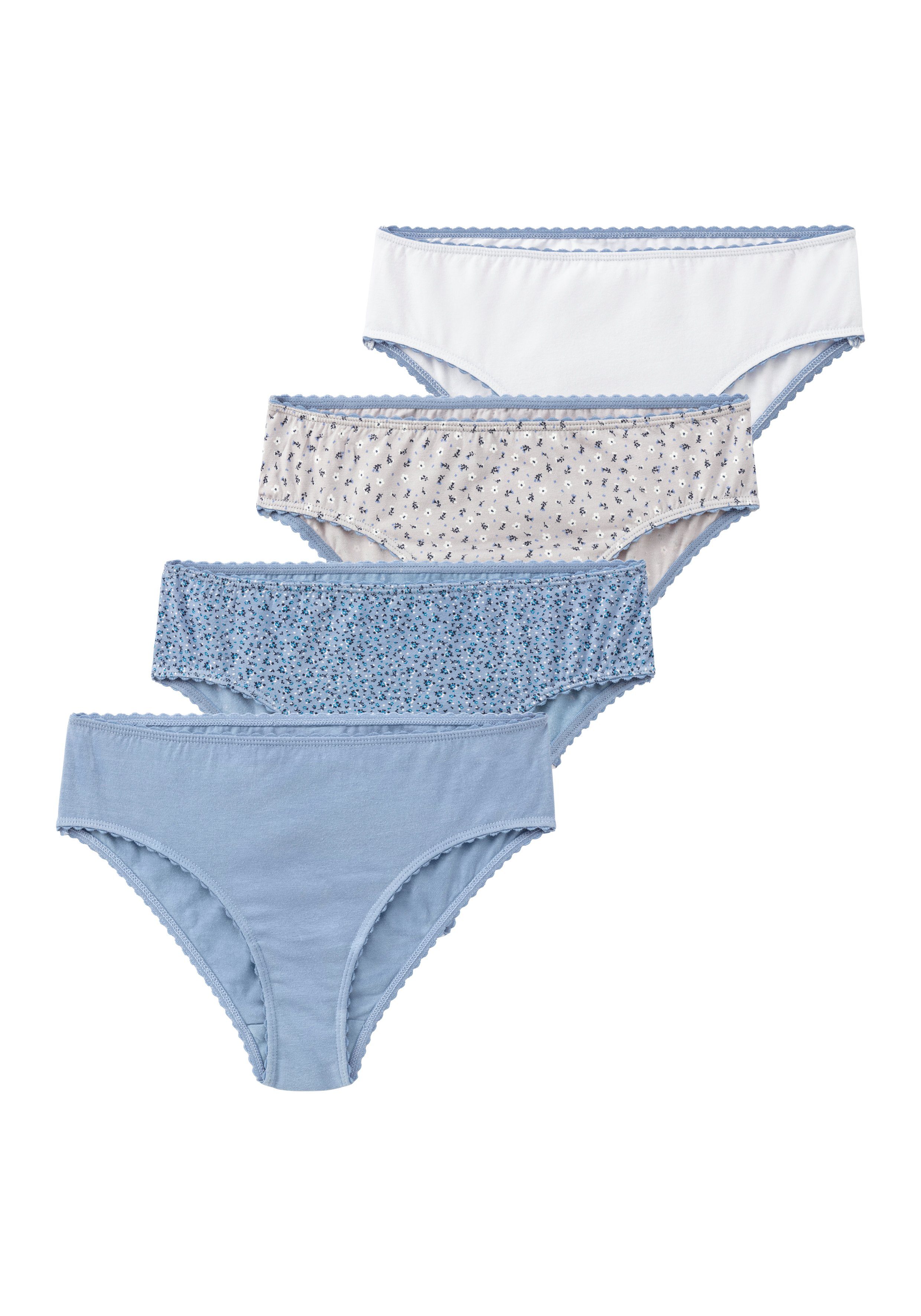 Vivance Slip (Packung, einer + blau-uni, Uni grau-geblümt, 4-St) in weiß-uni blau-geblümt, Millefleur-Design Packung