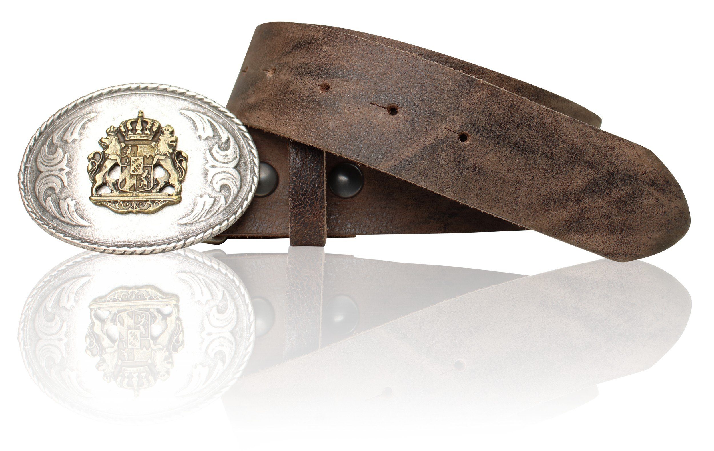 Bayernwappen Leder 18951 zweifarbig, Ledergürtel echt Trachtengürtel FRONHOFER Vintage-braun mit