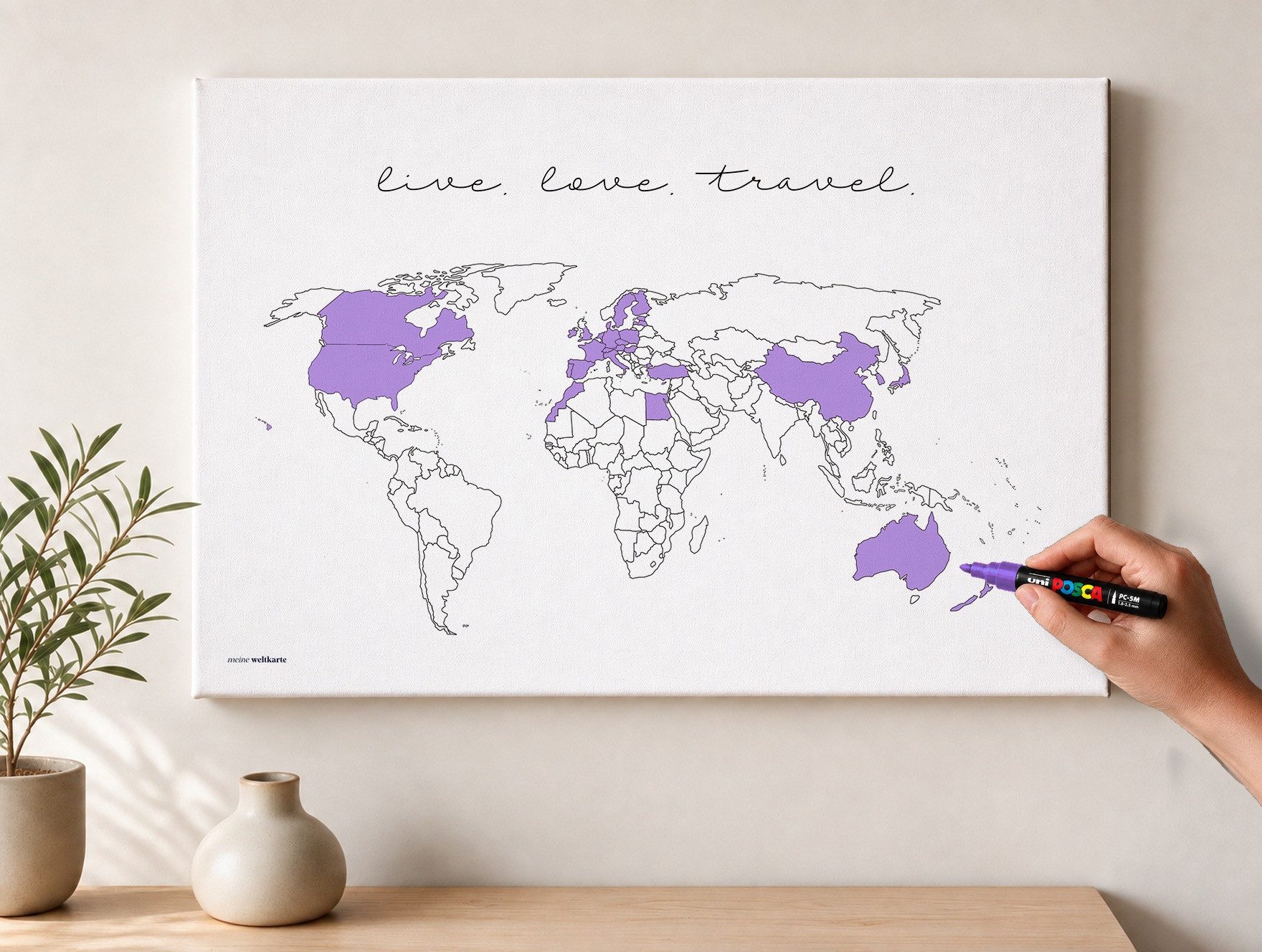 mw Leinwandbild Weltkarte zum Ausmalen – Live Love Travel, Weltkarte, Originaltitel oder Wunschtitel; Leinwandposter oder Keilrahmen