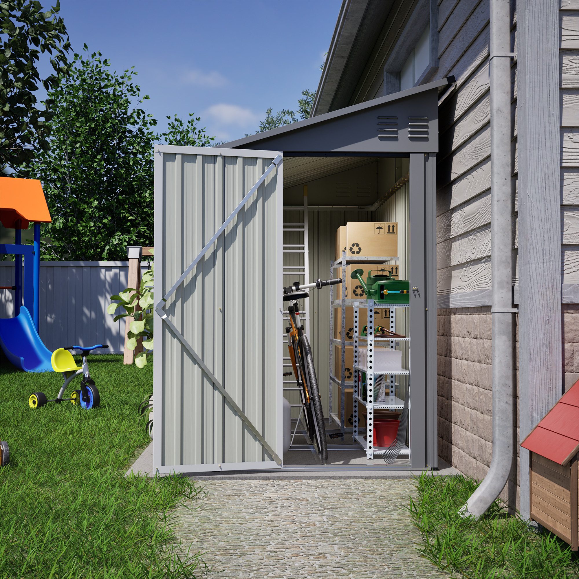 GIHAUVIA Gerätehaus Metall-Gerätehaus m. Fundament & Pultdach