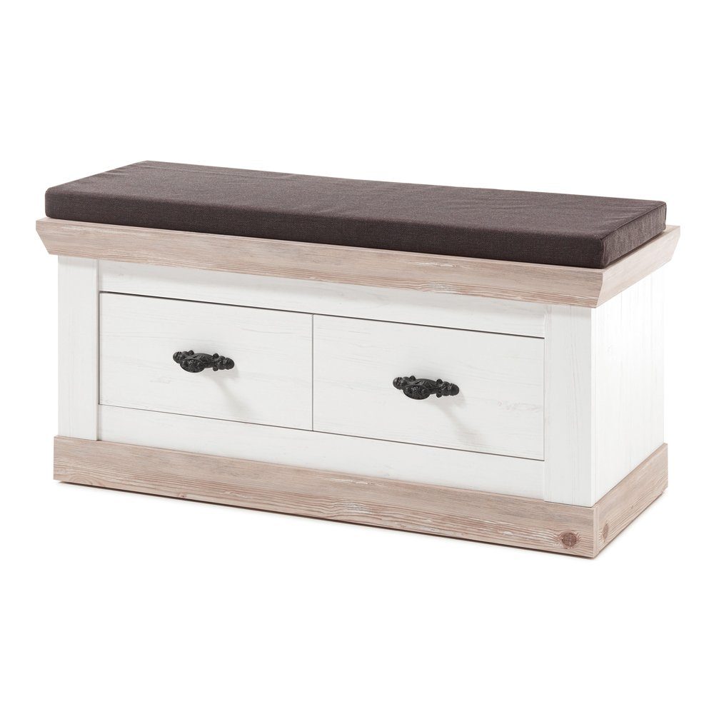 Lomadox Schuhbank FERNA-61, Landhausstil inkl. Sitzkissen in Pinie weiß Nb. 107/53/45 cm