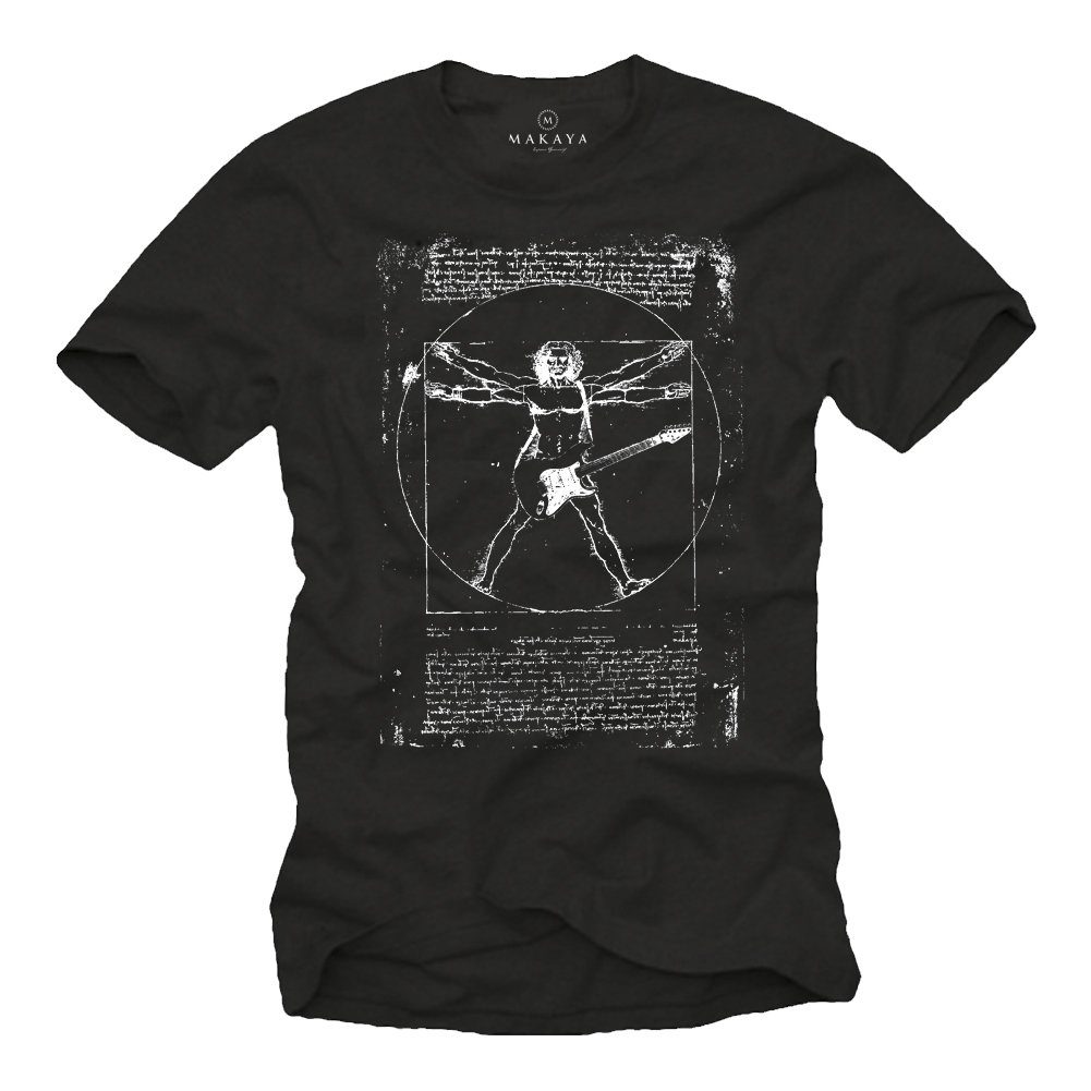 MAKAYA Frontprint, Jungs Herren Da Musik Vinci Print-Shirt Baumwolle Schwarz Gitarre T-Shirt Männer Bandshirt Geschenk aus